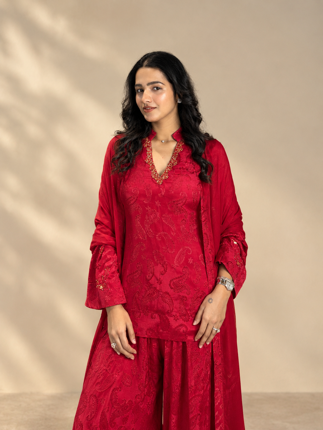 Red Paisley Tunic with Farsi Pants with Dupatta