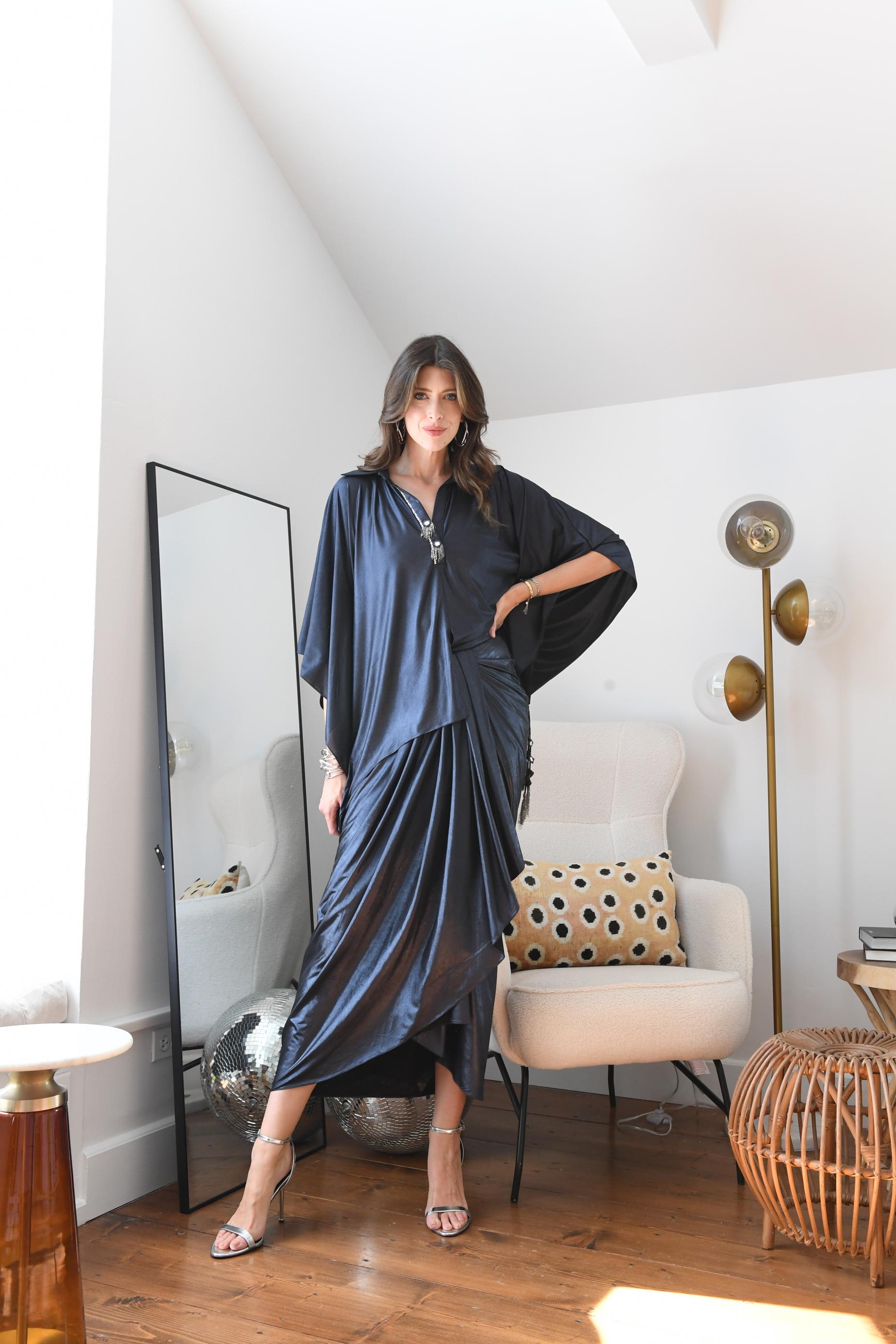 NAVY BLUE LAME DRAPED SKIRT