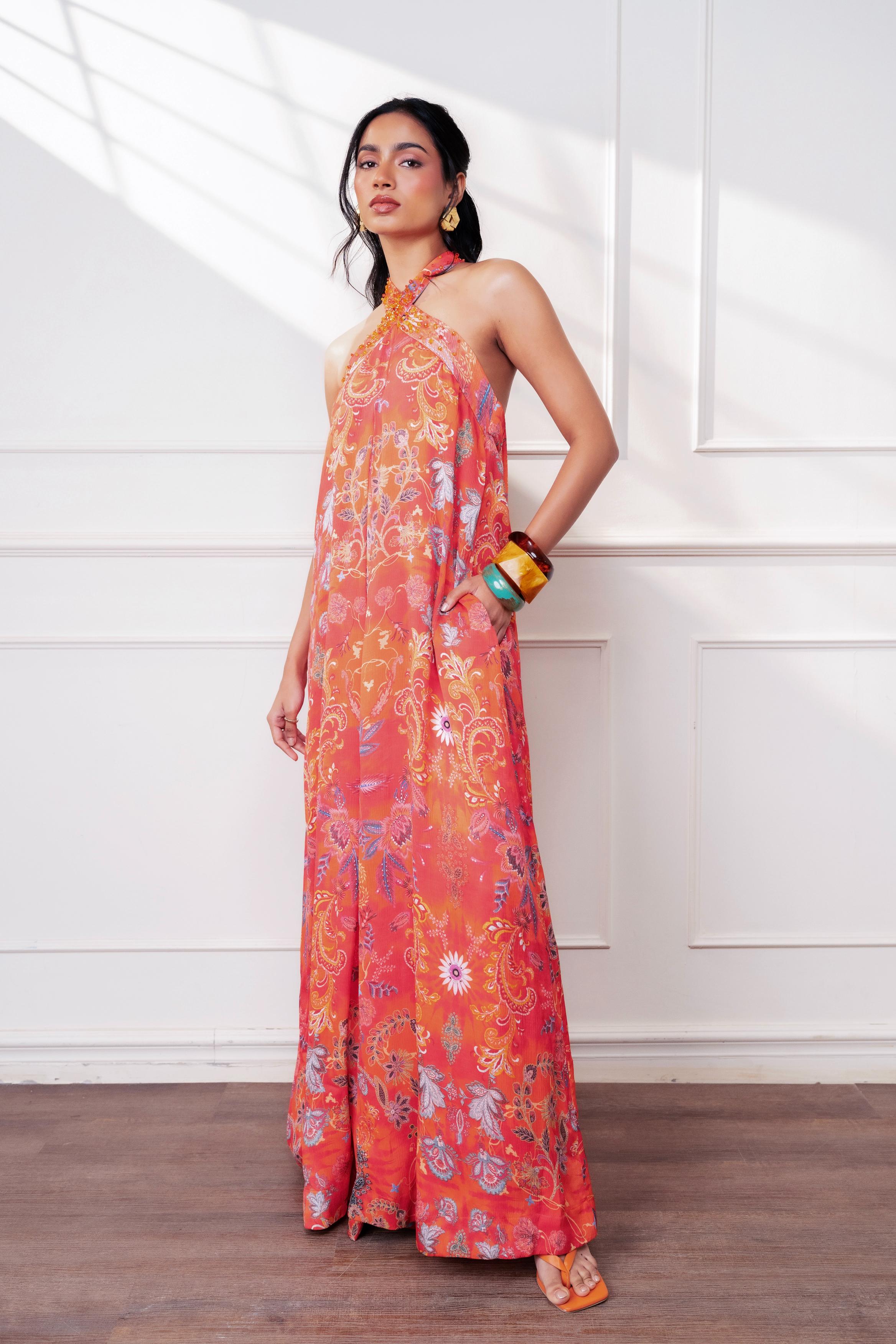 Spice Bloom Halter Cascade Jumpsuit at Style Junkiie