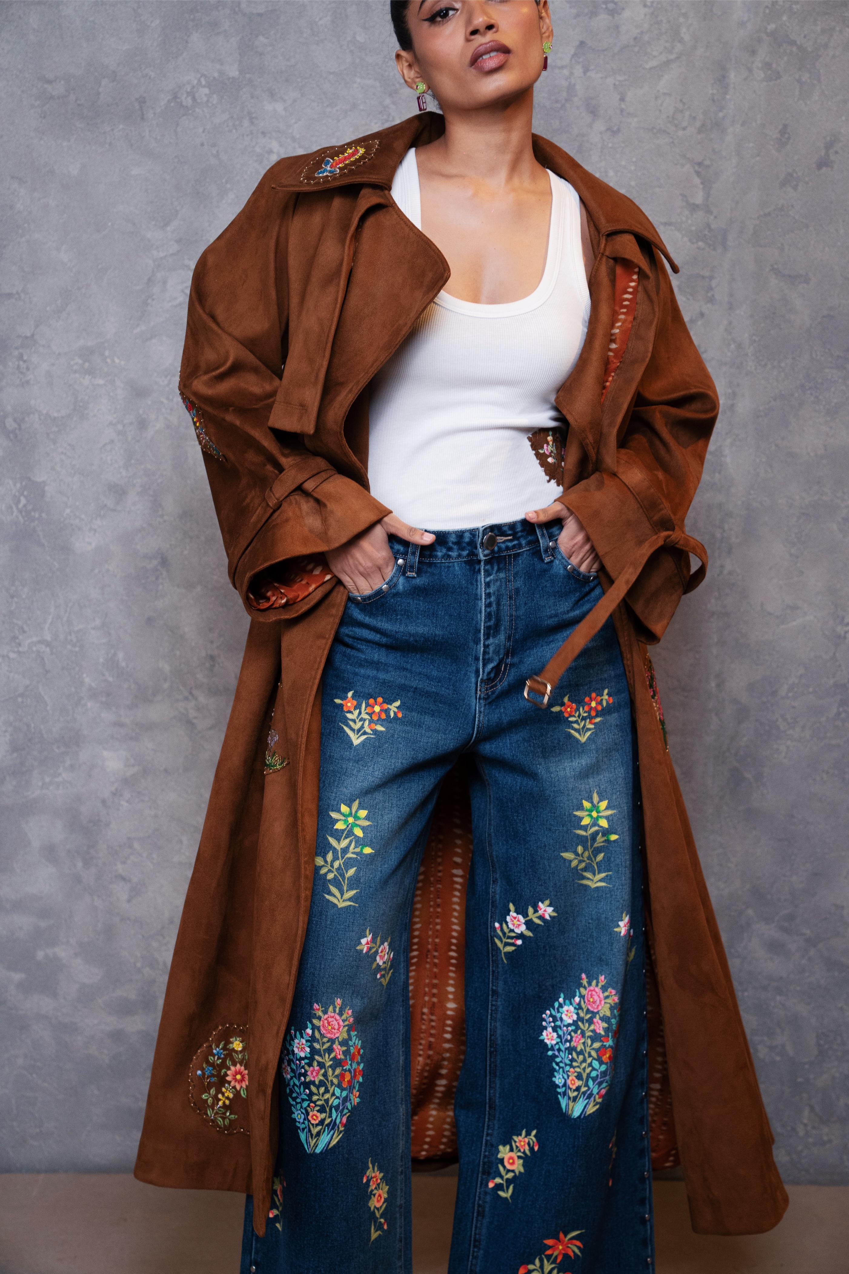 Tan Suede Patched Embroidered Trench