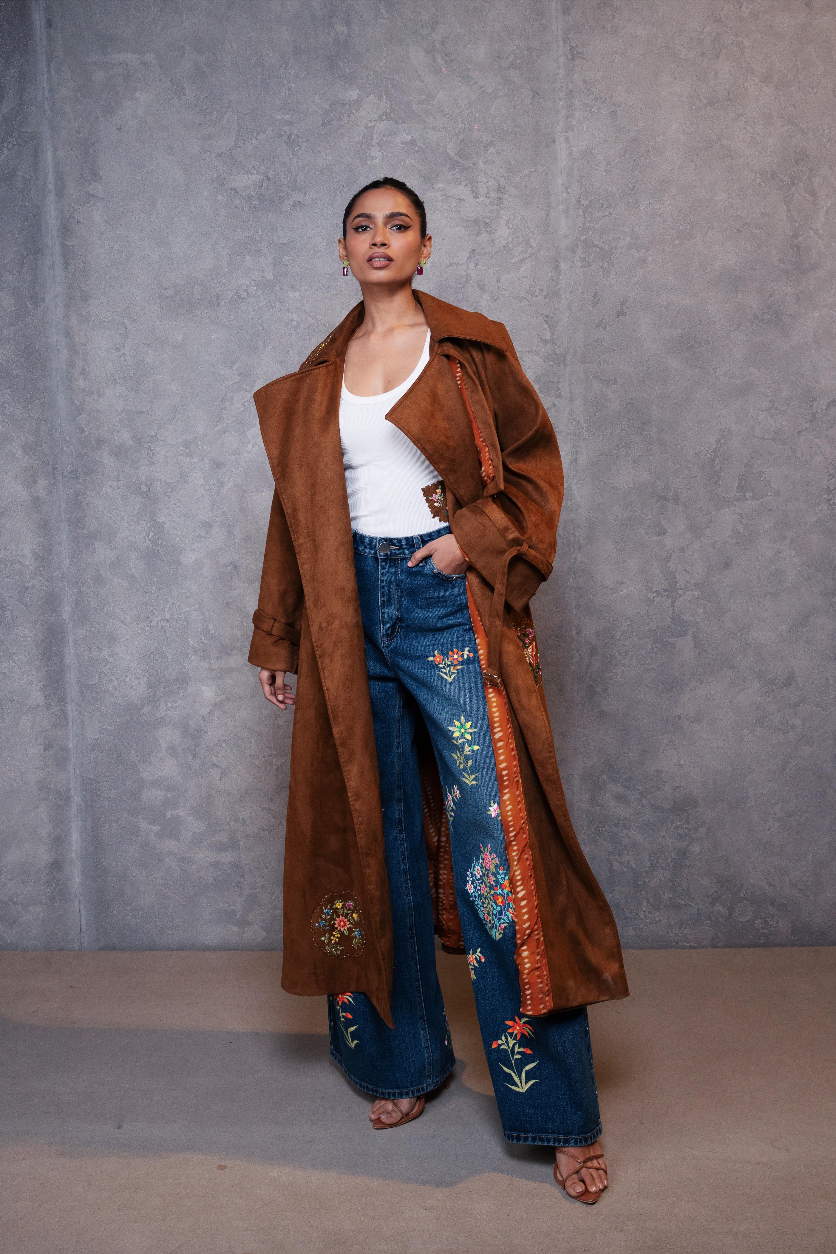 Tan Suede Patched Embroidered Trench