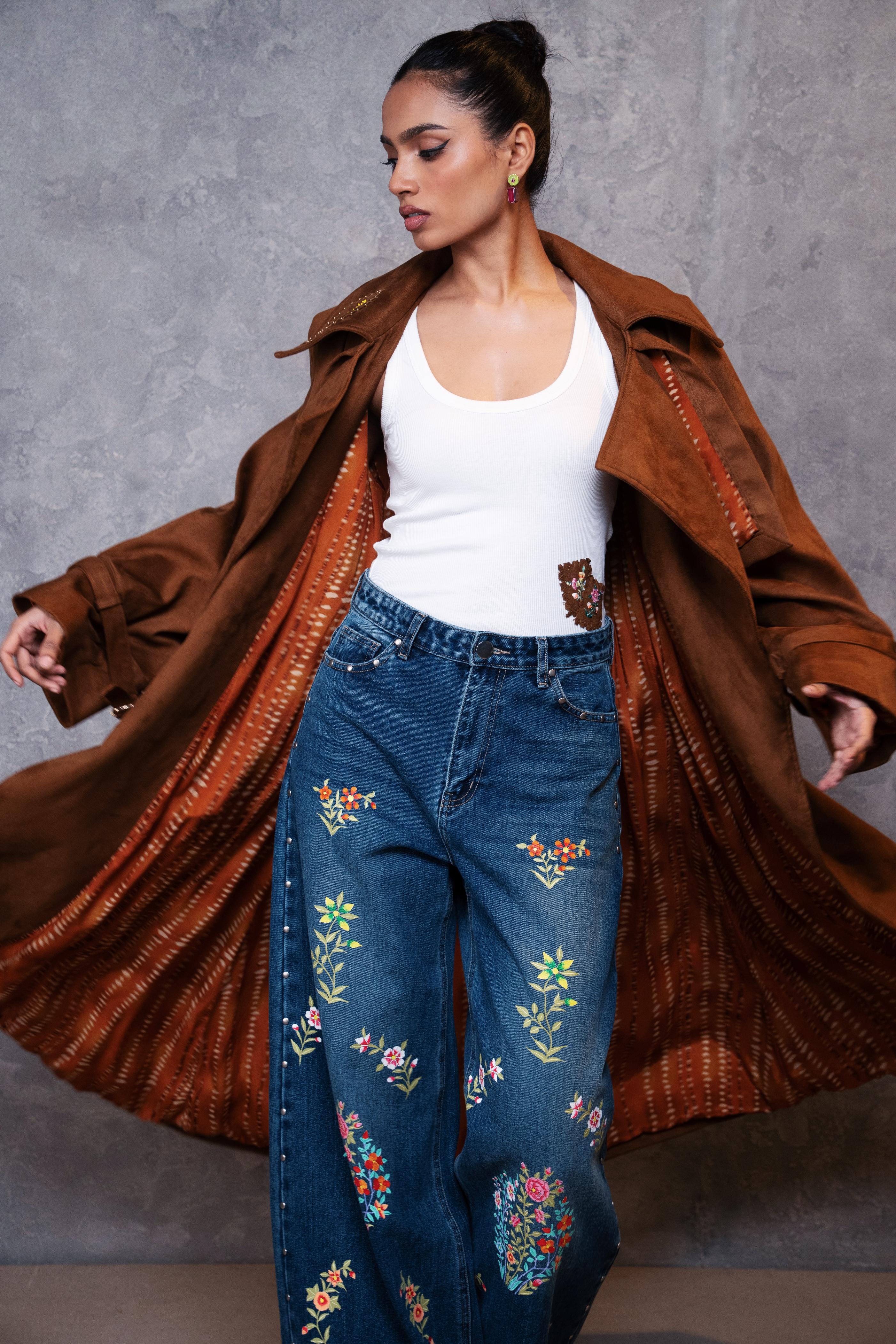 Tan Suede Patched Embroidered Trench