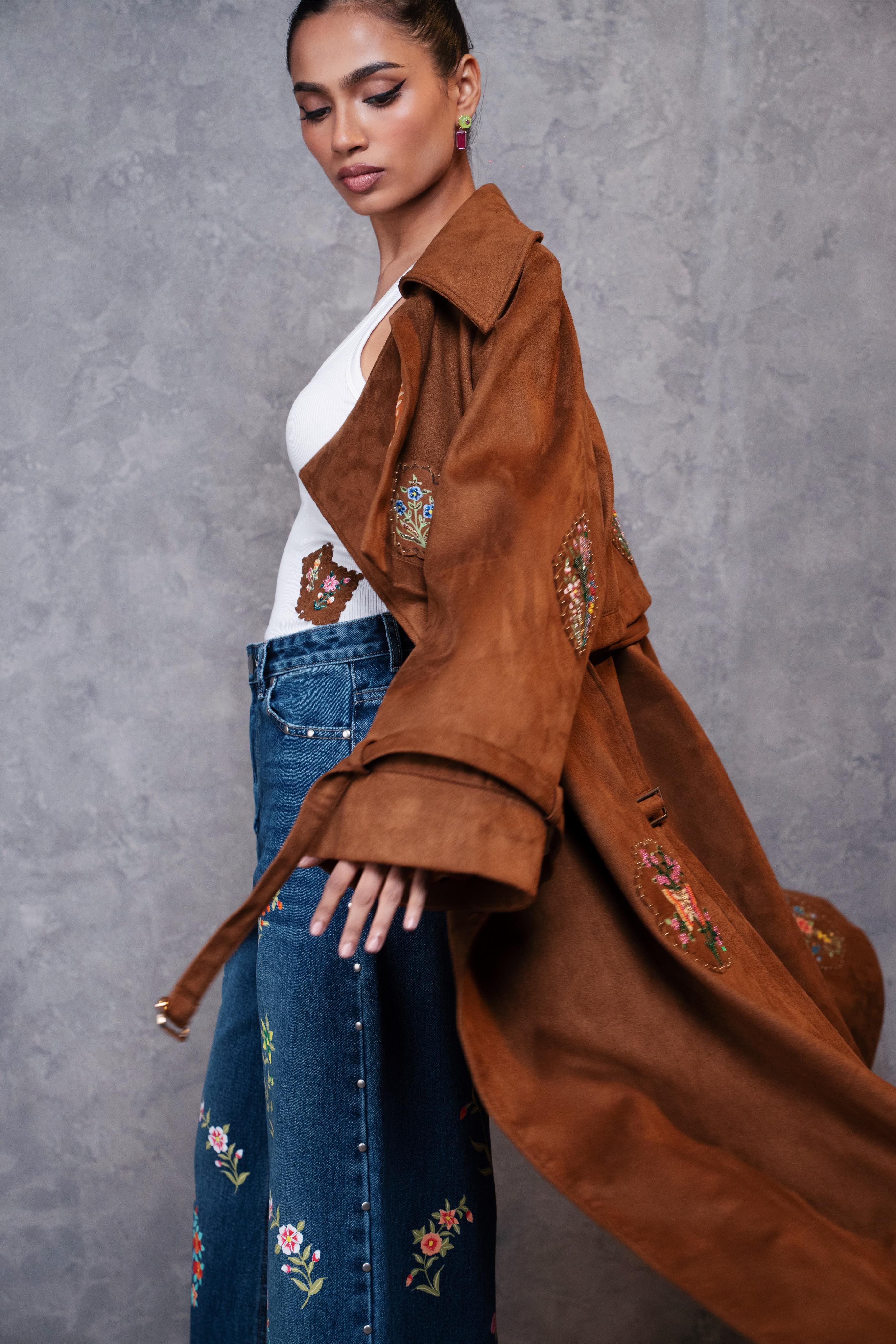 Tan Suede Patched Embroidered Trench