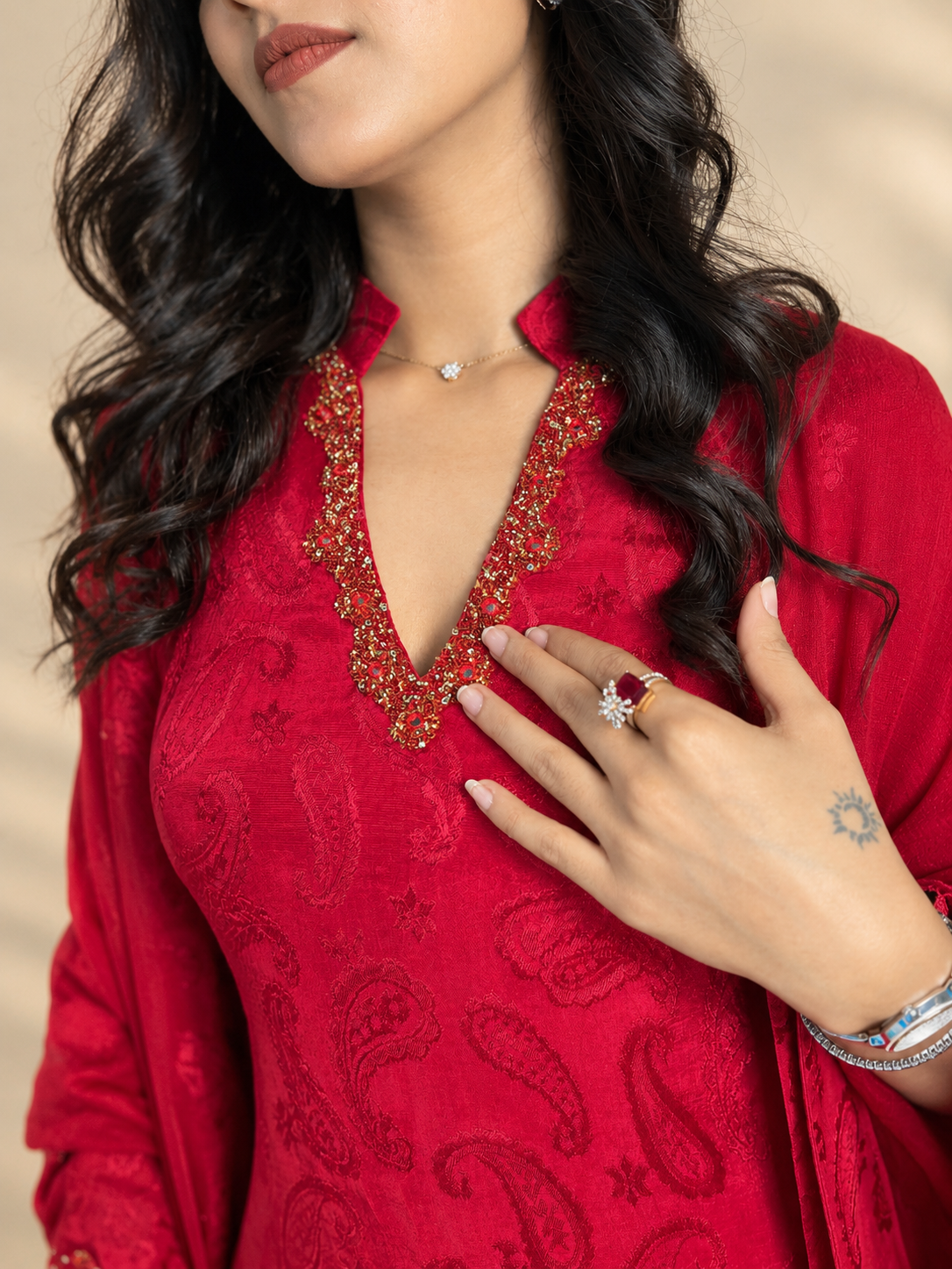 Red Paisley Tunic with Farsi Pants with Dupatta