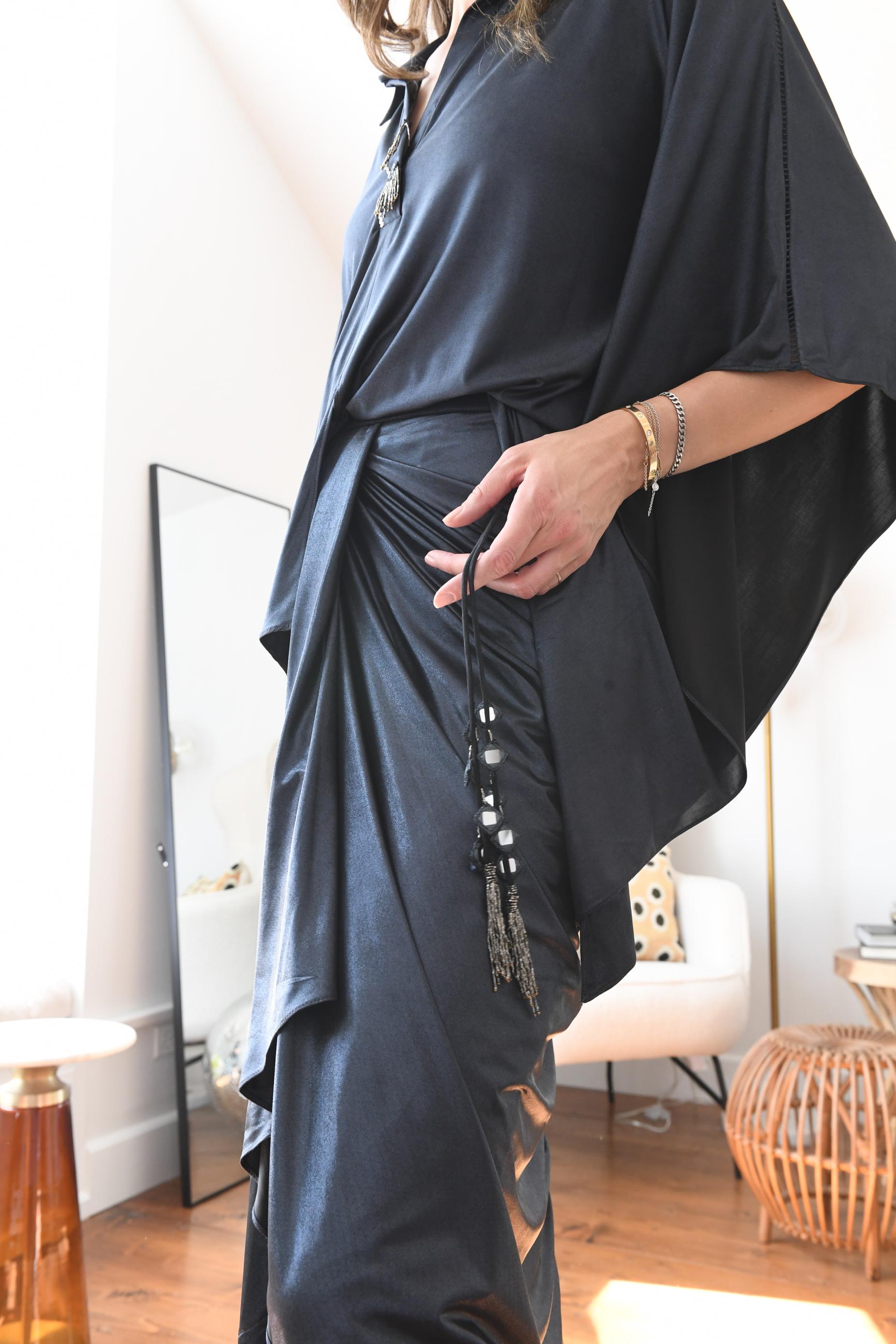 NAVY BLUE LAME DRAPED SKIRT