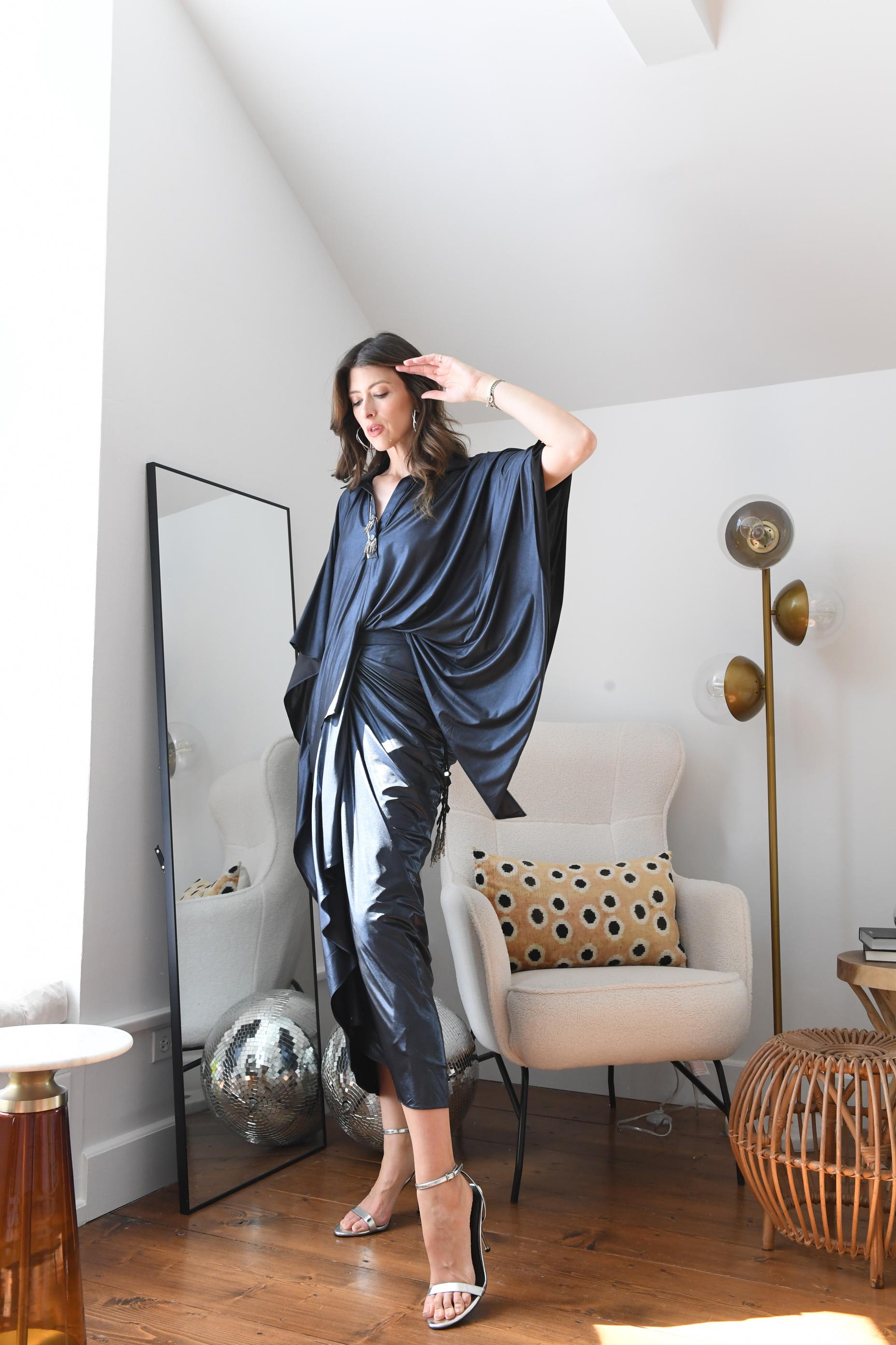 NAVY BLUE LAME DRAPED SKIRT