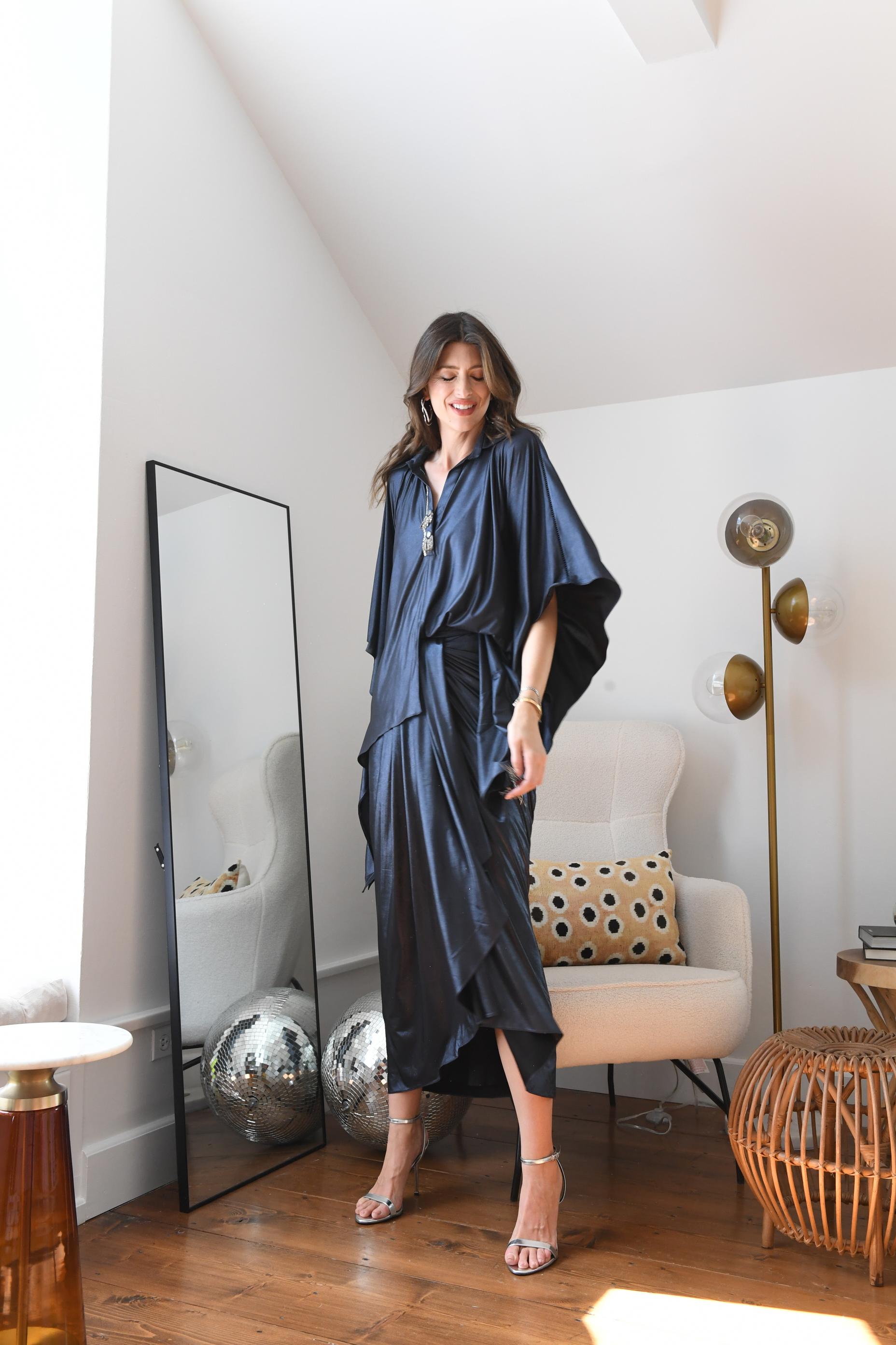 NAVY BLUE LAME DRAPED SKIRT