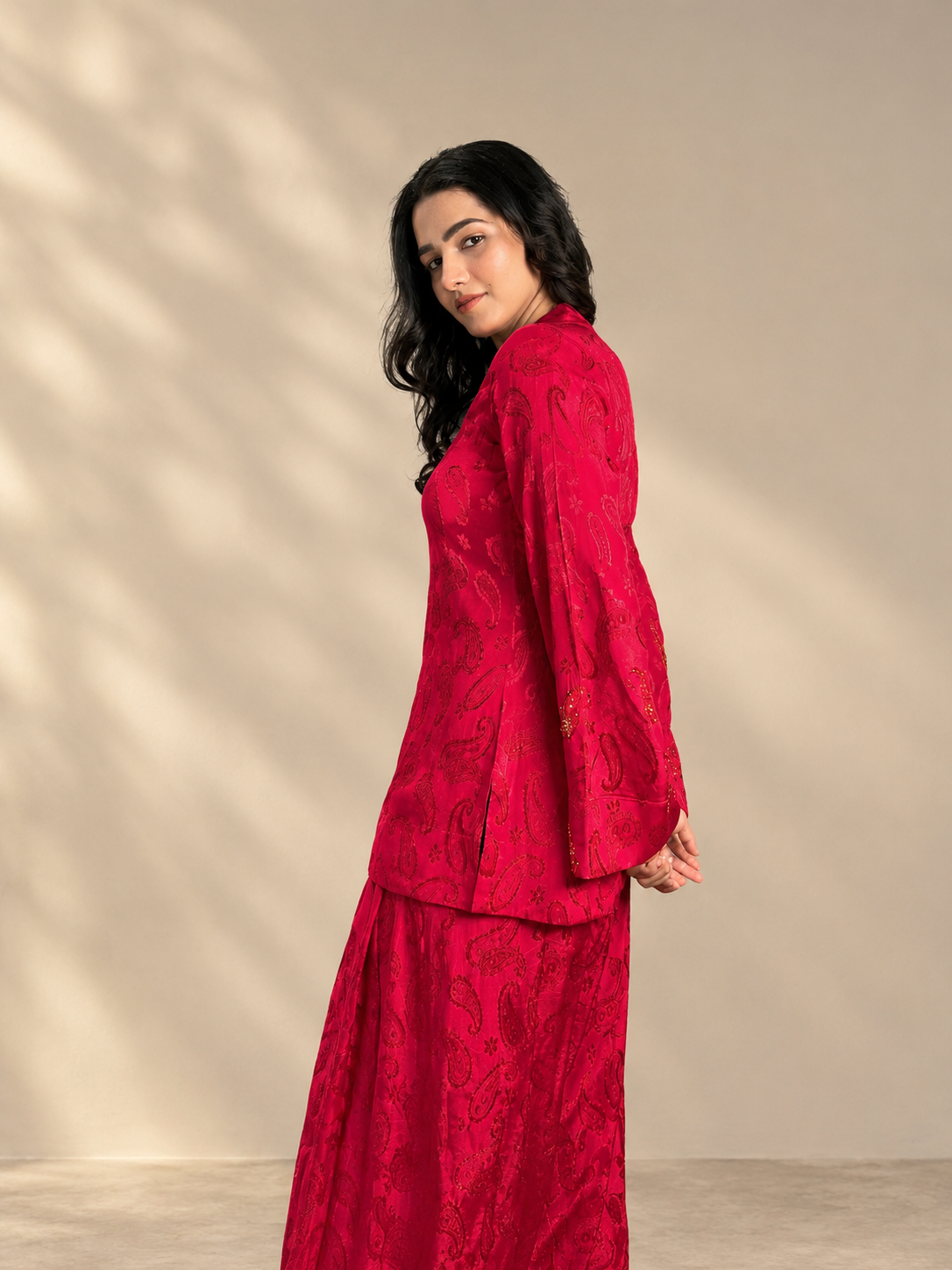 Red Paisley Tunic with Farsi Pants with Dupatta
