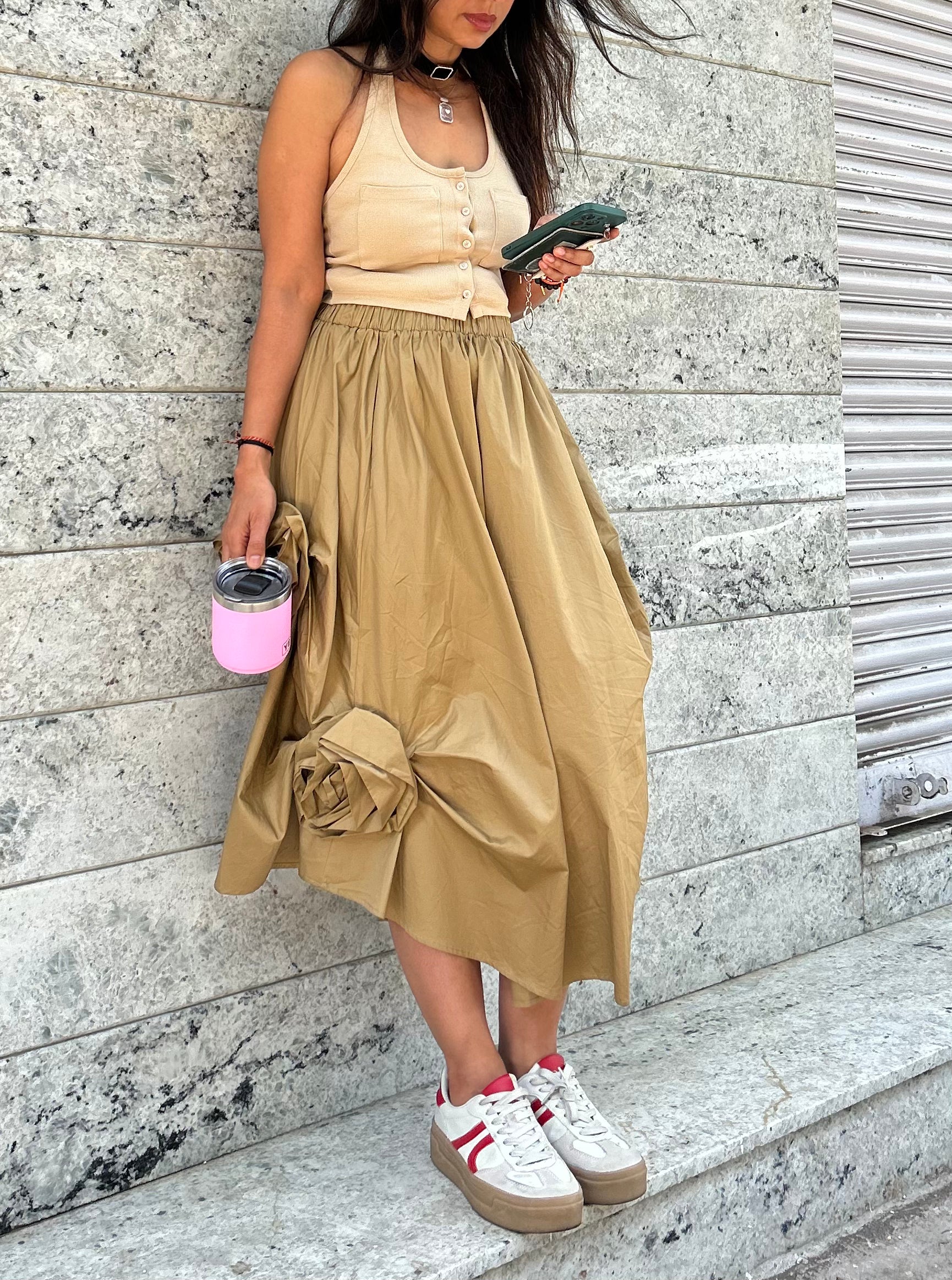 KHAKI ROSETTE SKIRT