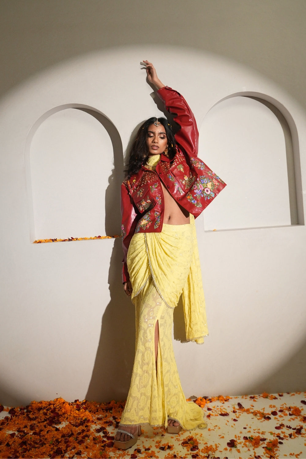 Citrine Butter Yellow Chickankari Draped Skirt with Dupatta