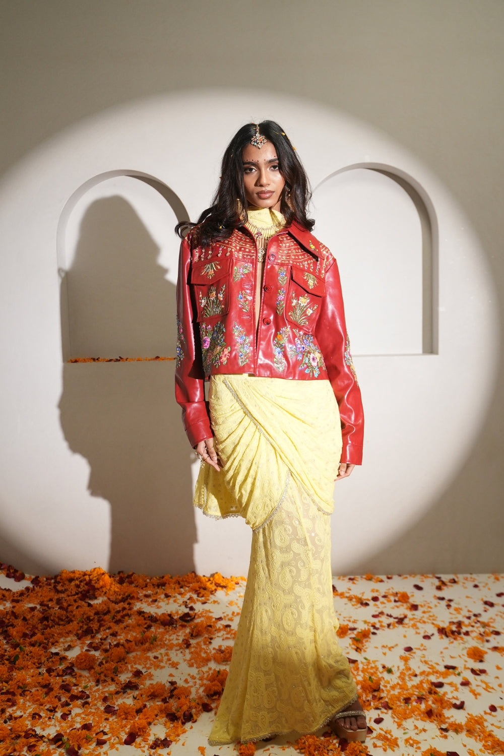 Citrine Butter Yellow Chickankari Draped Skirt with Dupatta