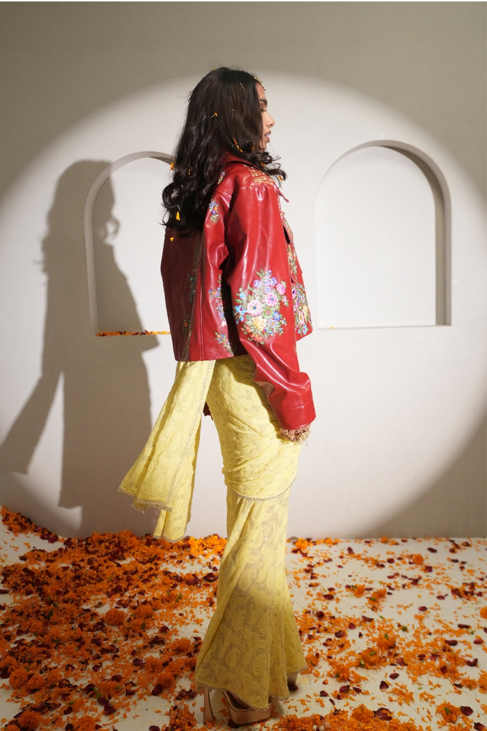 Citrine Butter Yellow Chickankari Draped Skirt with Dupatta