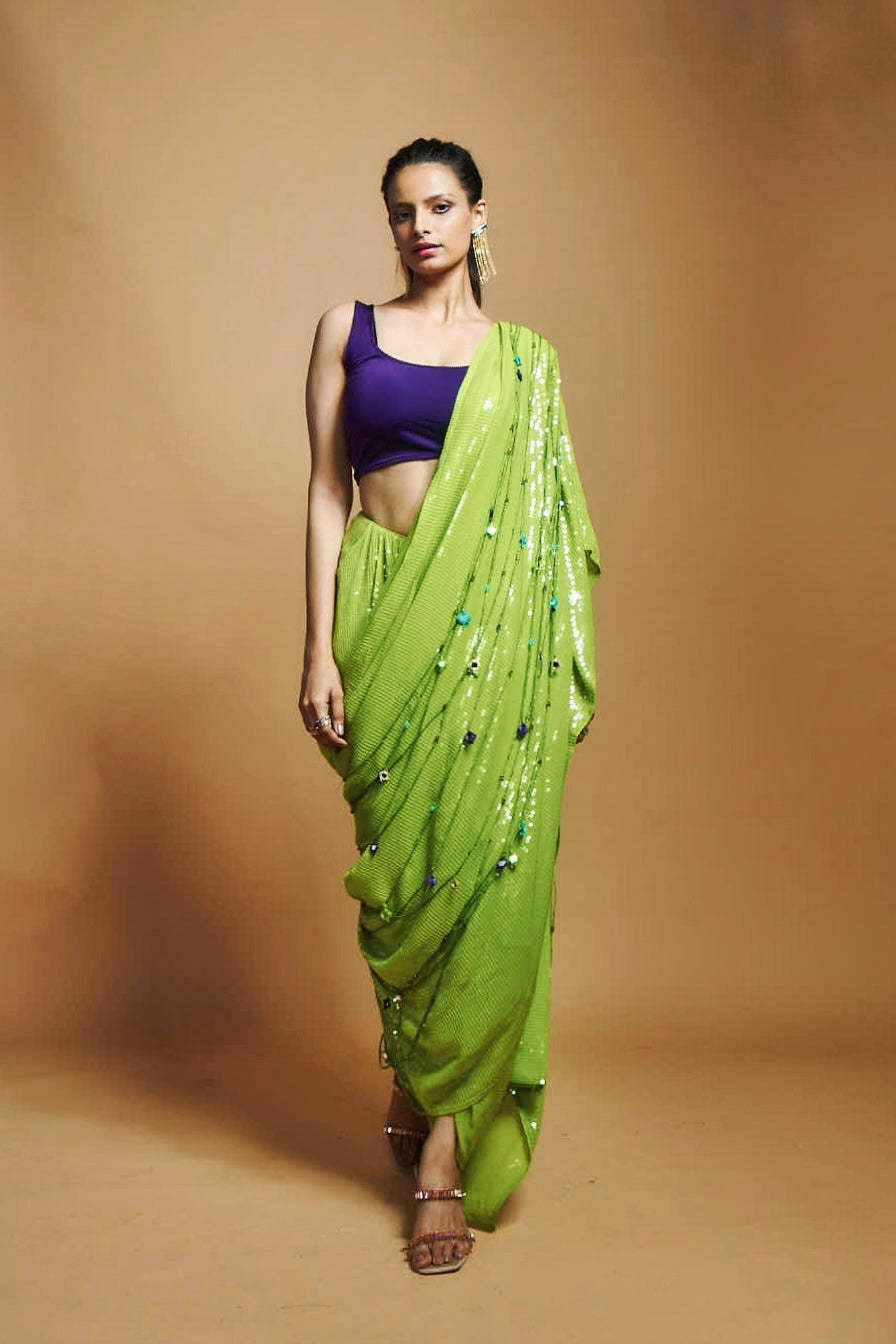 LIME GREEN SEQUIN SKIRT WITH DETACHABLE SEQUIN PALLU
