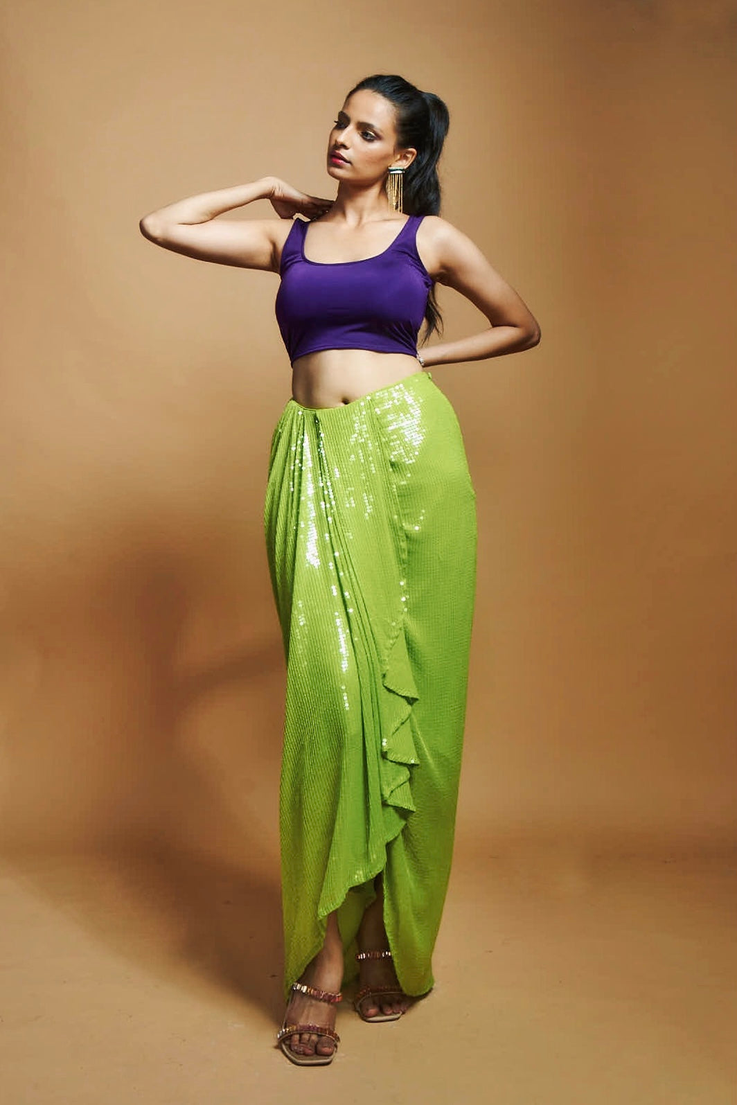 LIME GREEN SEQUIN SKIRT WITH DETACHABLE SEQUIN PALLU