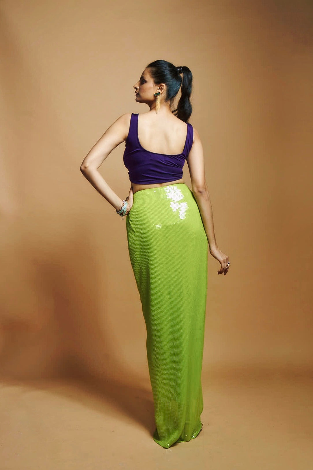 LIME GREEN SEQUIN SKIRT WITH DETACHABLE SEQUIN PALLU