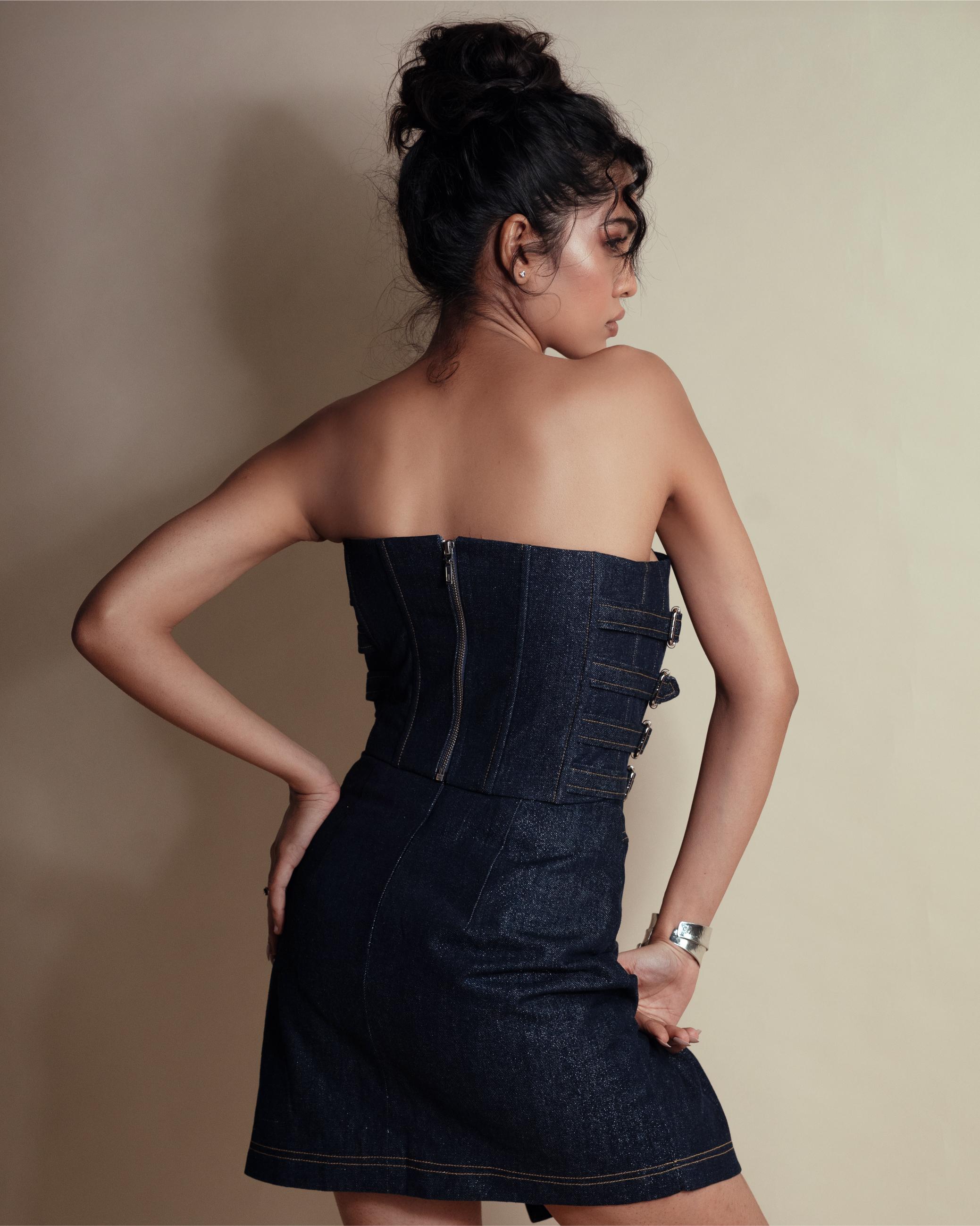 DEEP SPACE DENIM BUCKLED CORSET