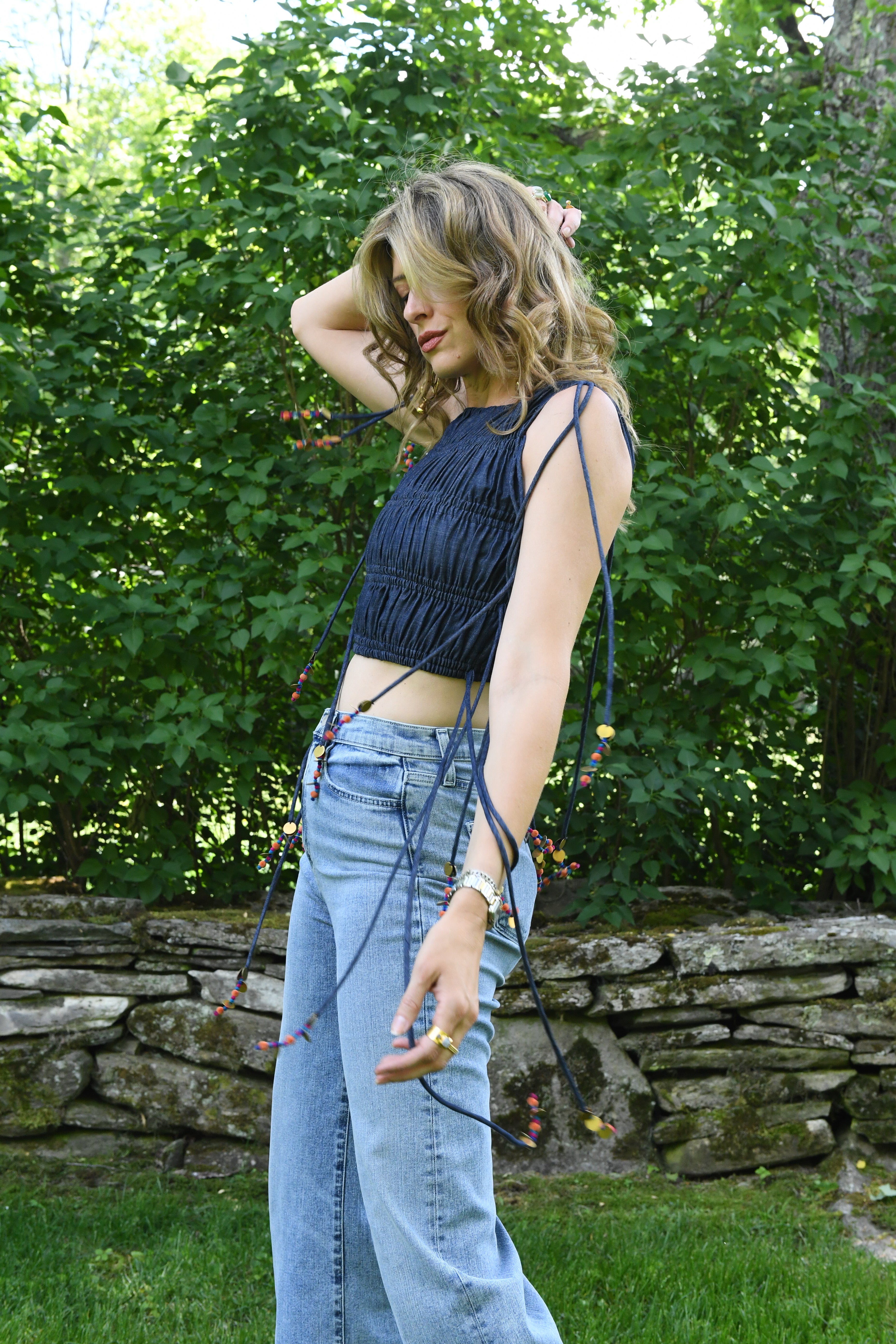 DENIM RUCHED DRAWSTRING TOP