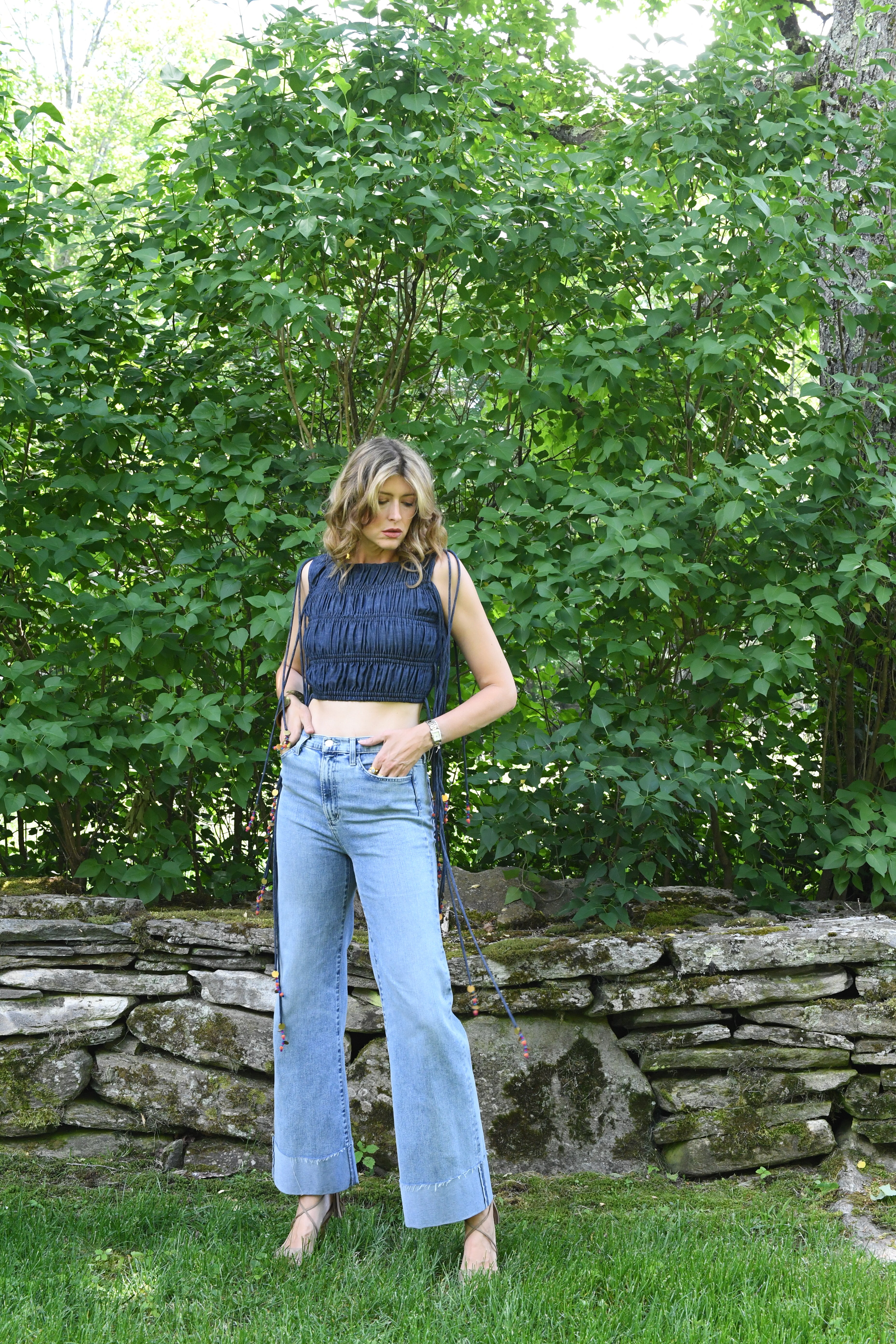 DENIM RUCHED DRAWSTRING TOP