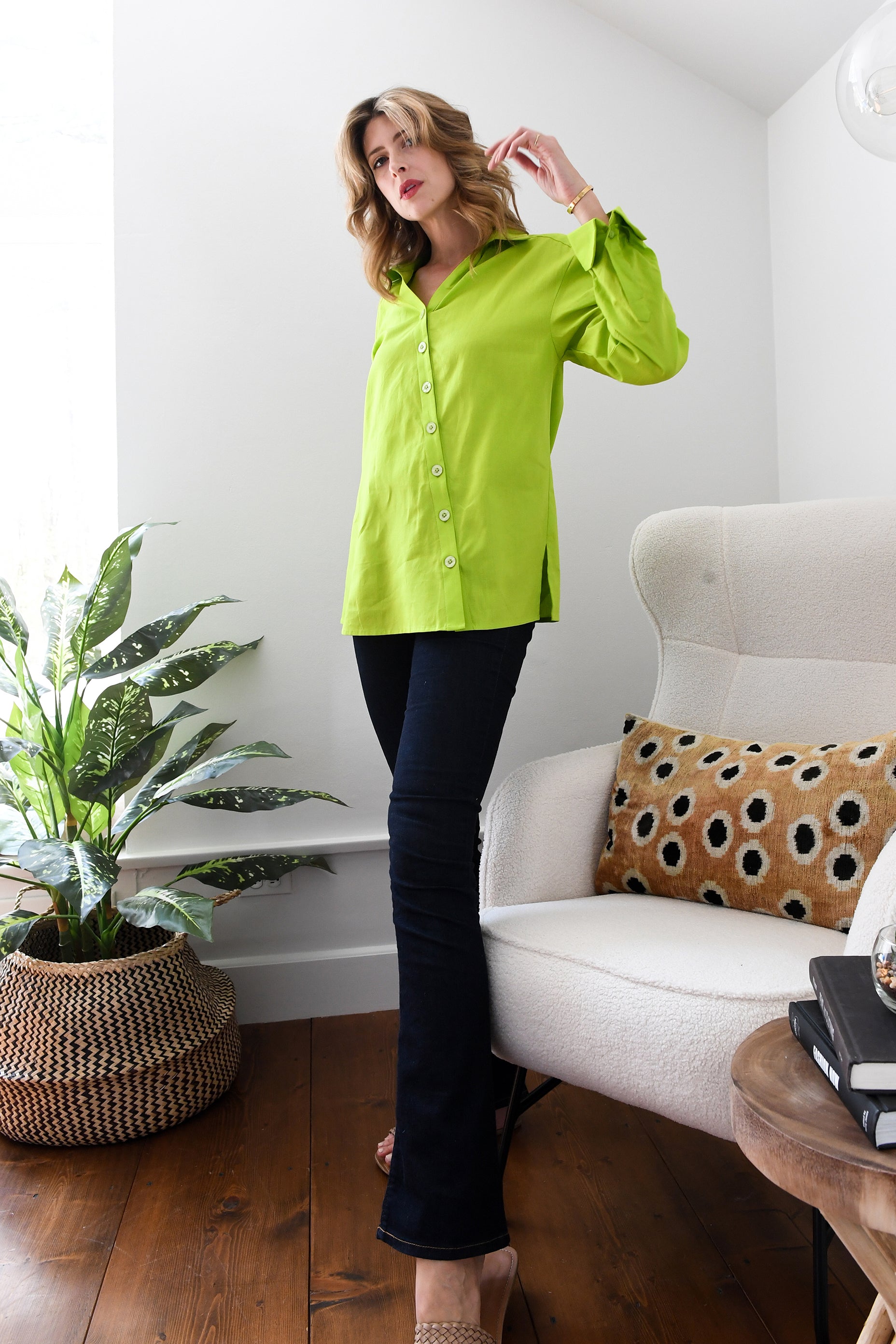 Lime Green Poplin Ruched Shirt