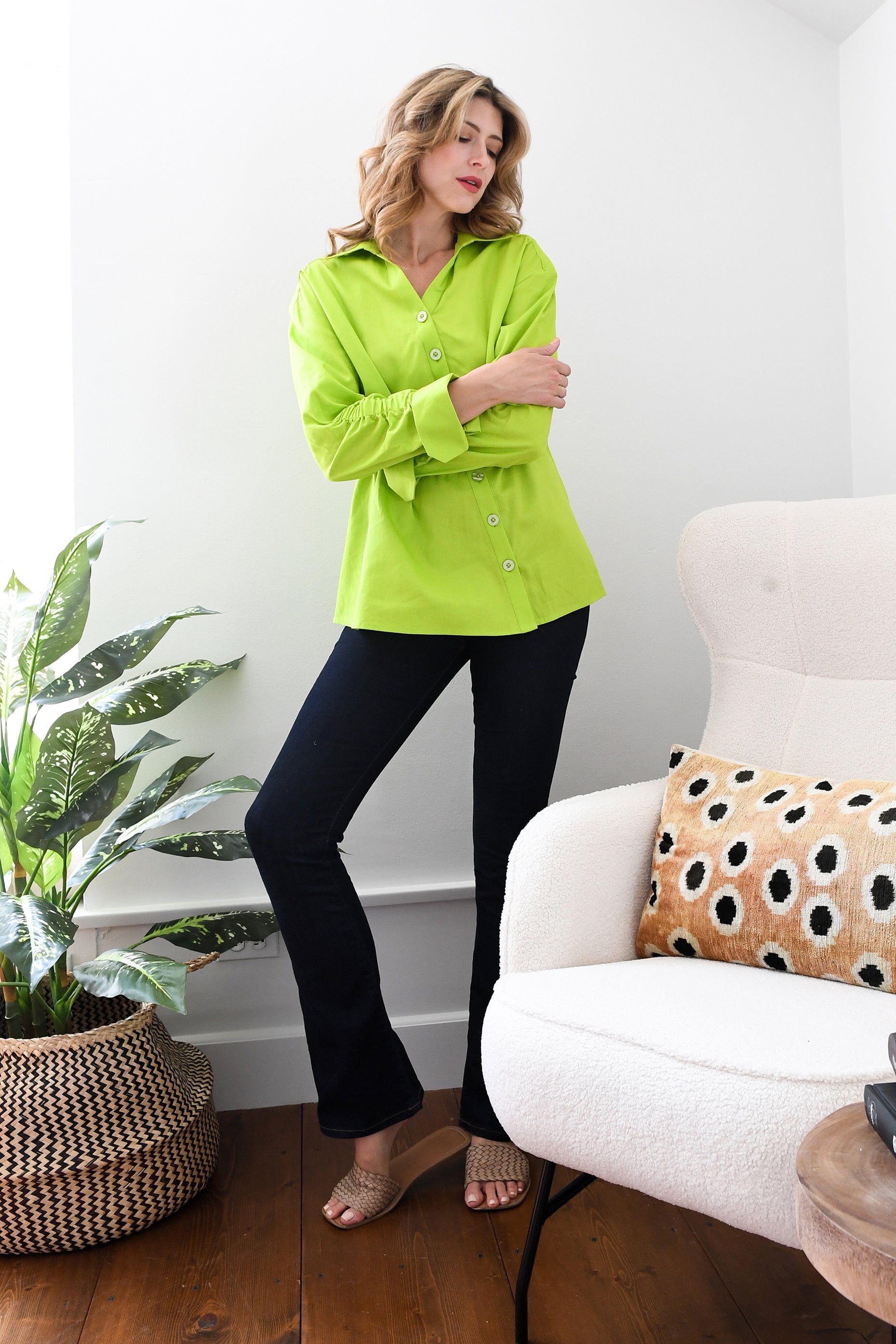 Lime Green Poplin Ruched Shirt