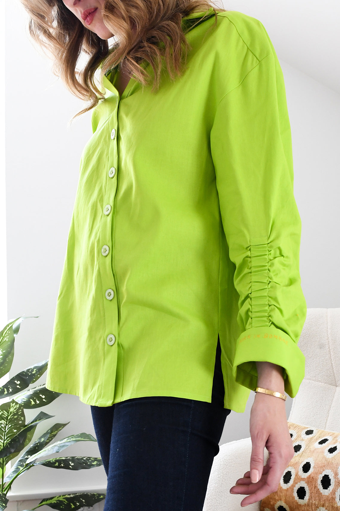 Lime Green Poplin Ruched Shirt