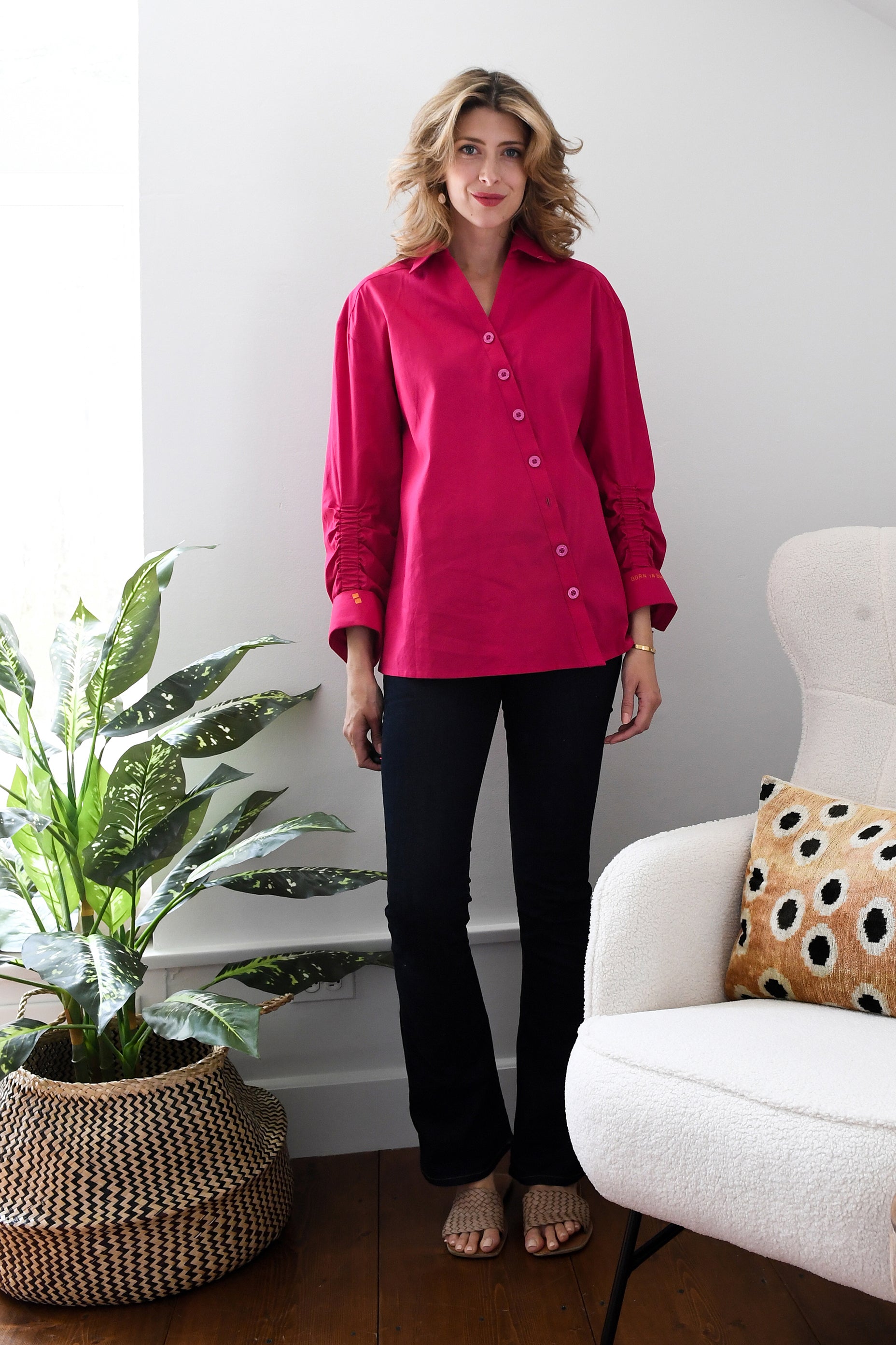 Hot Pink Poplin Ruched Shirt