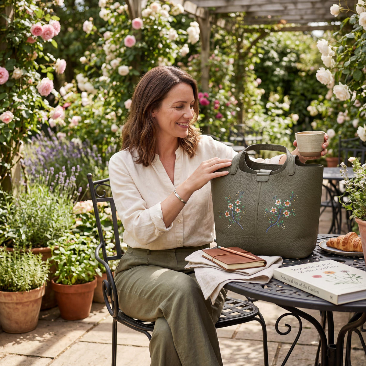 Moss Green Floral Tote Bag