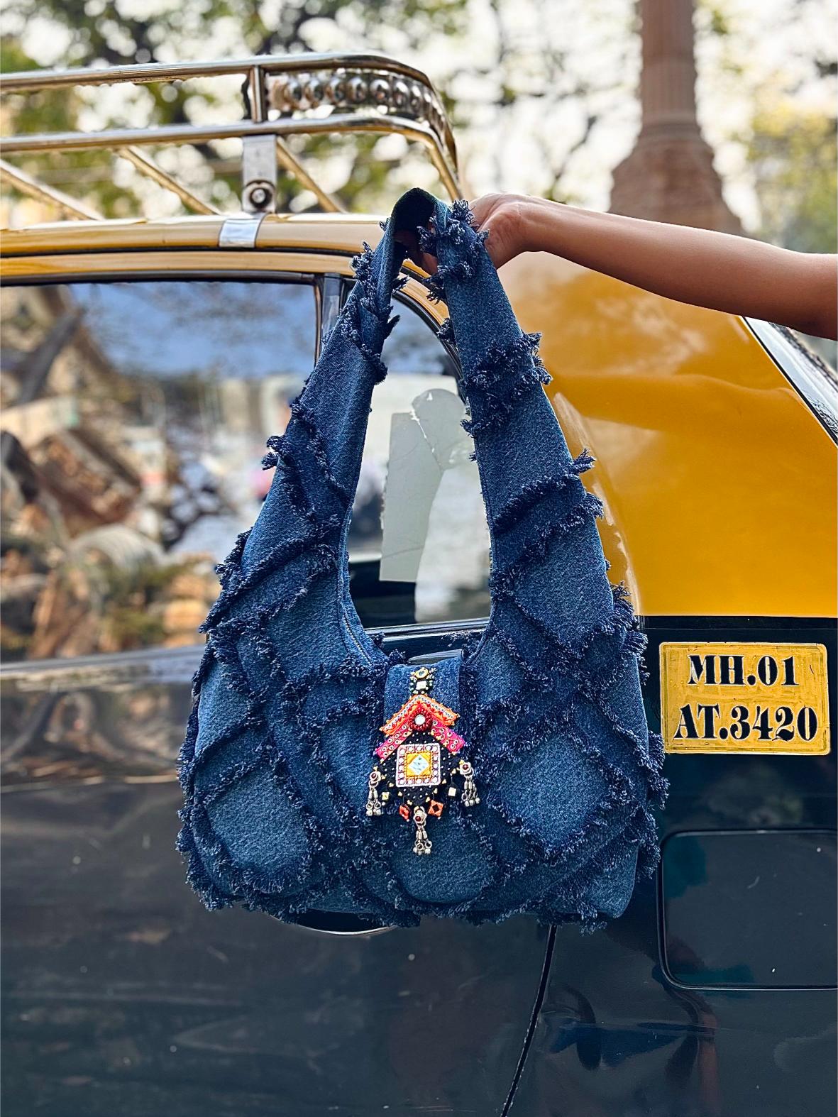 Deep Denim Frayed Jhumka Bag