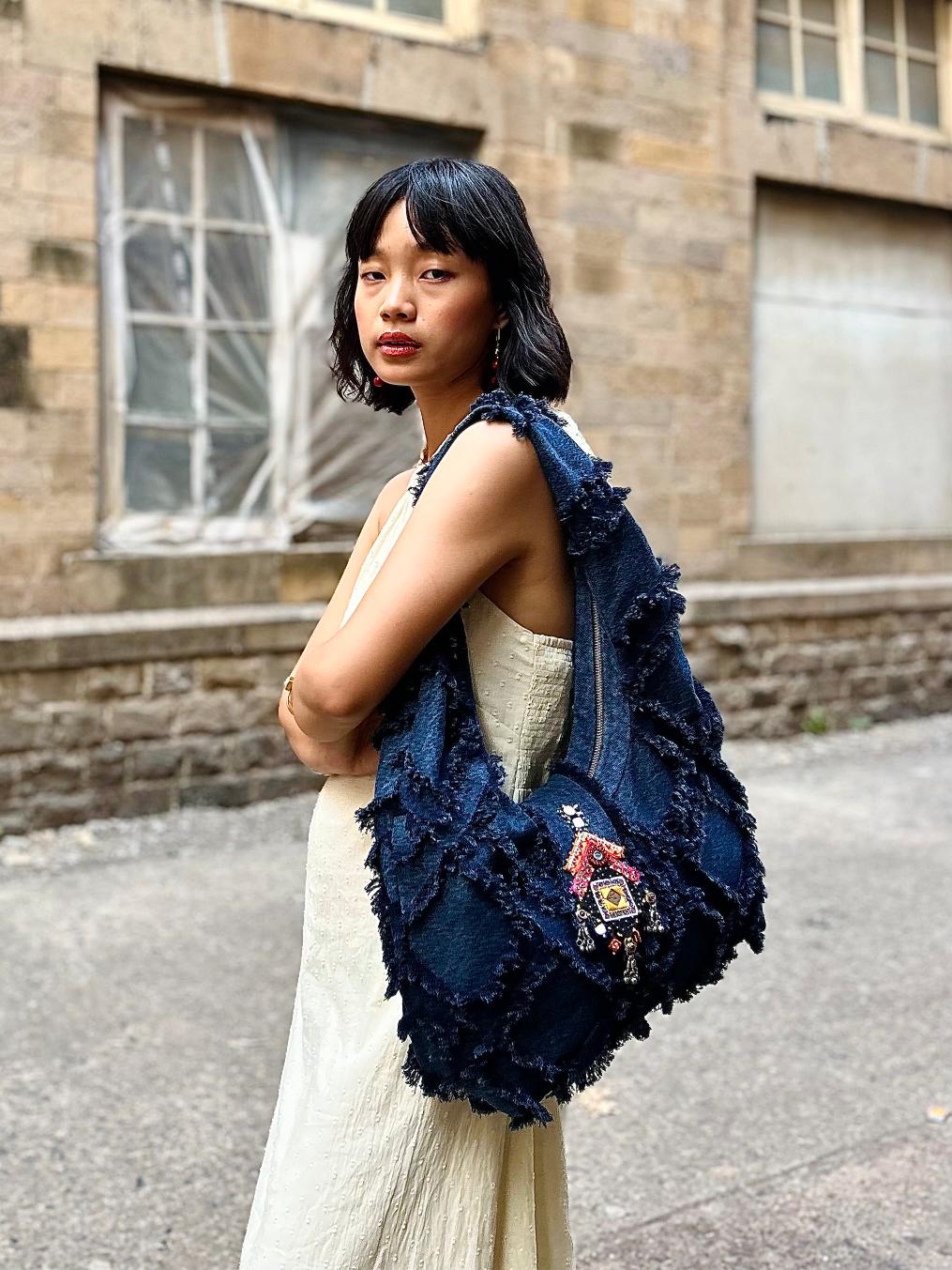 Deep Denim Frayed Jhumka Bag