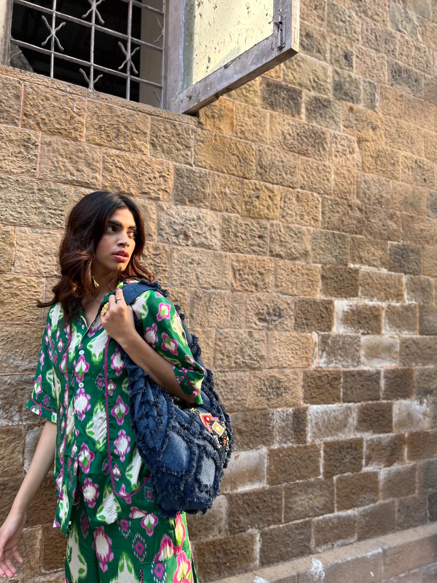 Deep Denim Frayed Jhumka Bag