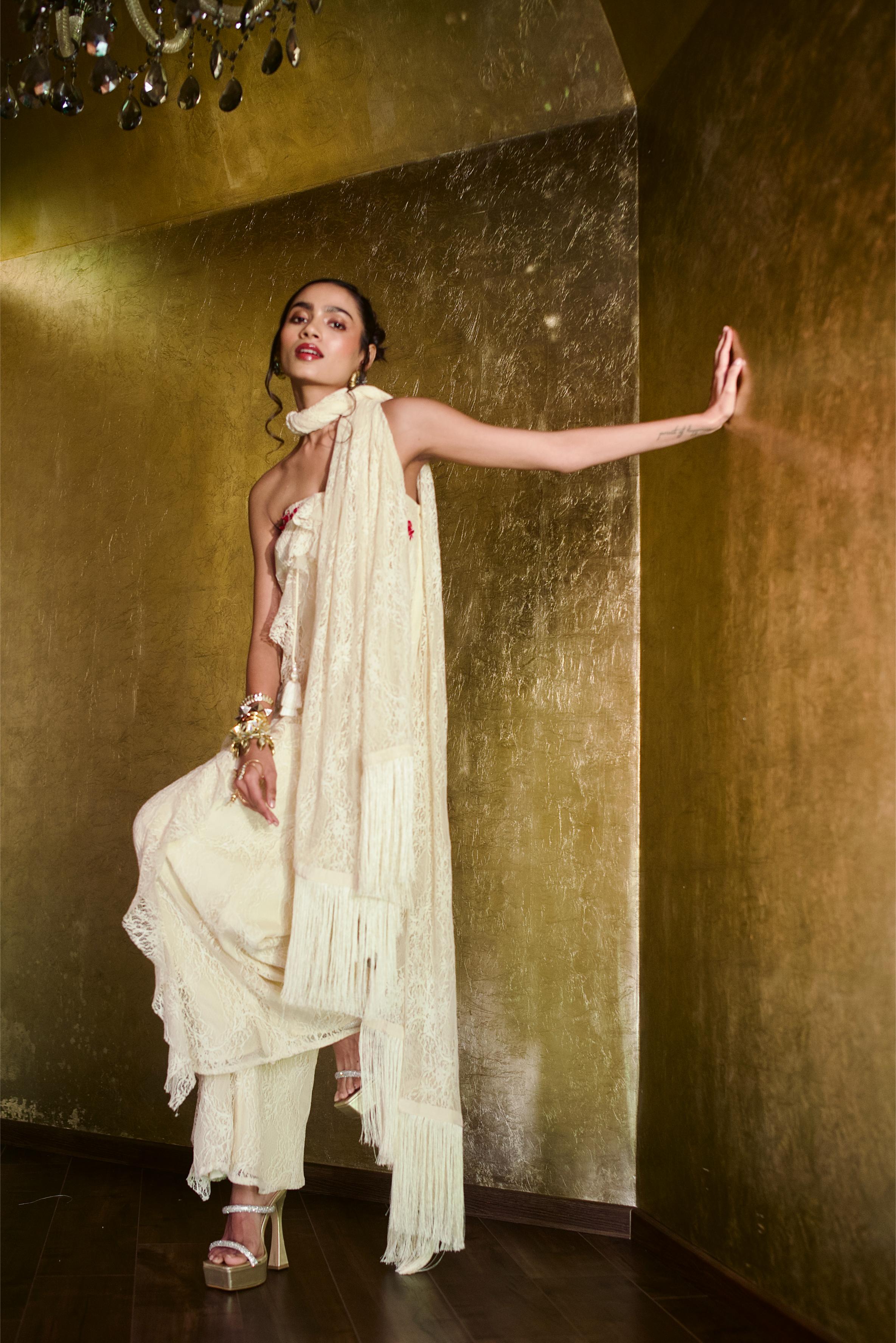 IVORY TUBE RUFFLE JUMPSUIT WITH DUPATTA