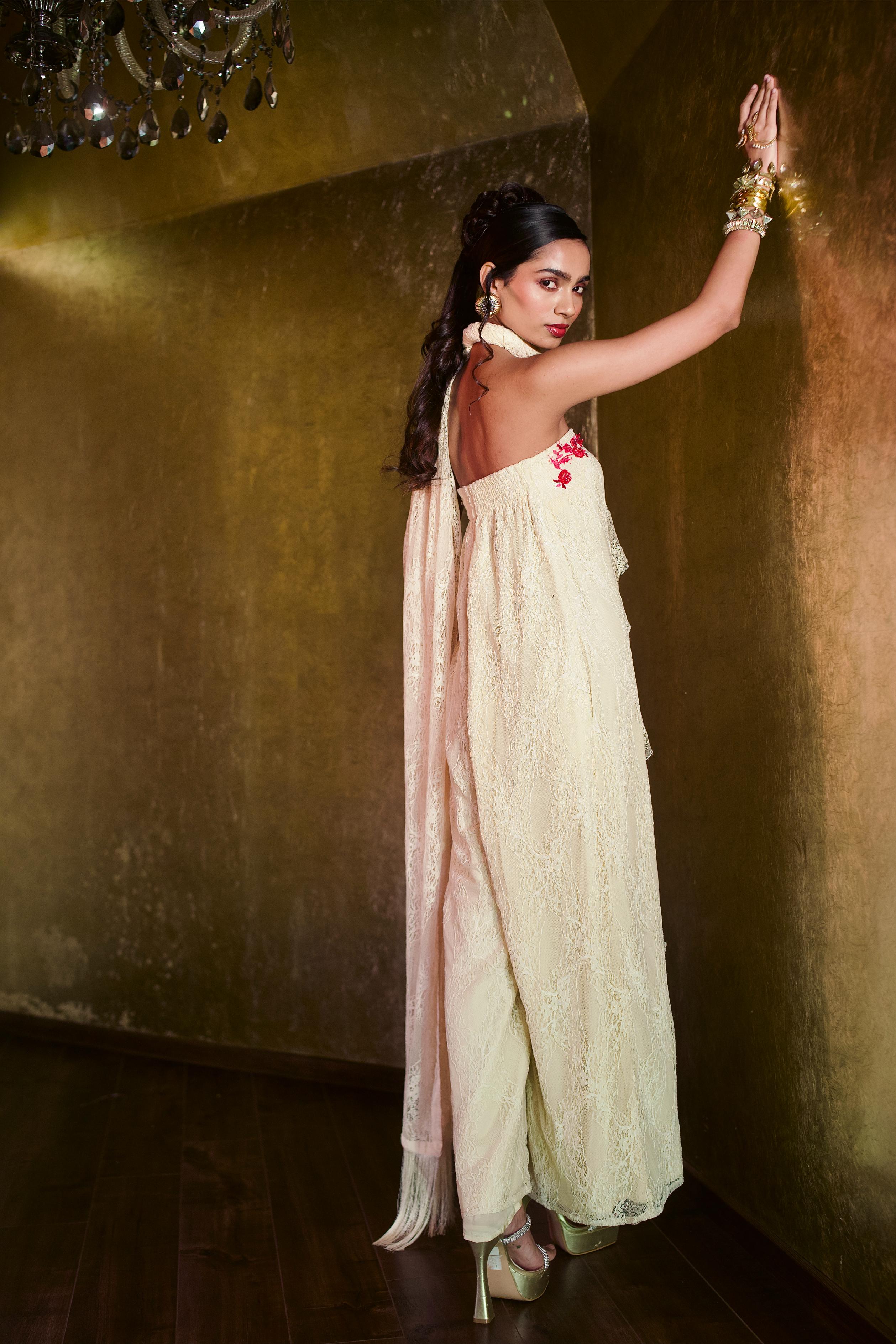 IVORY TUBE RUFFLE JUMPSUIT WITH DUPATTA