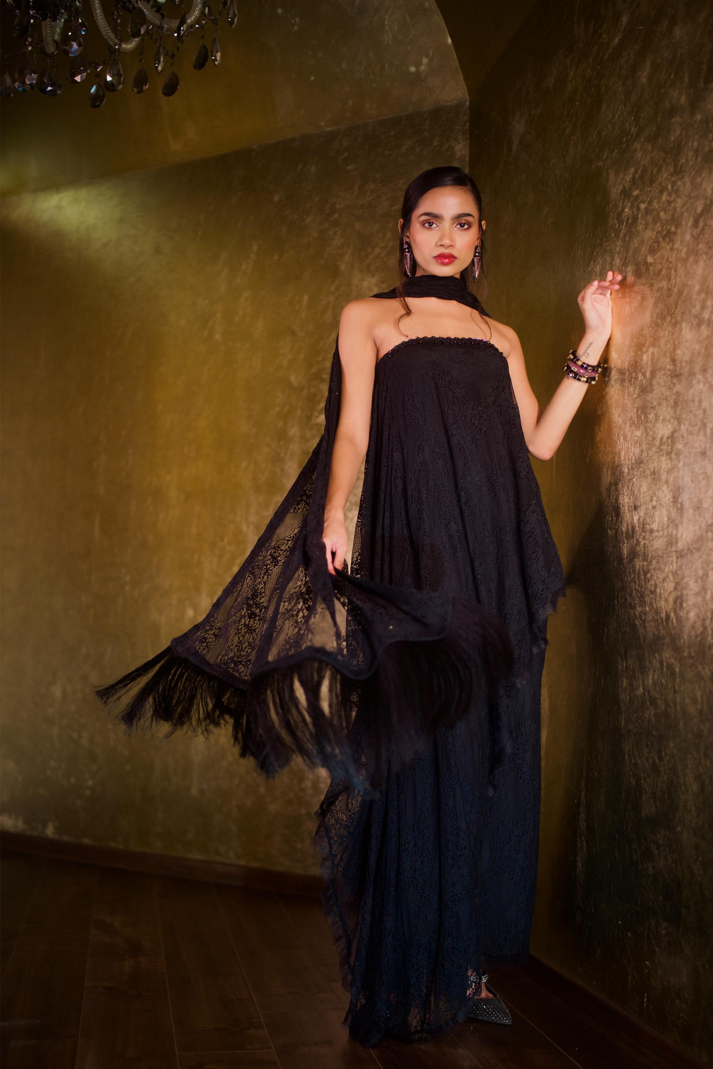 OBSIDIAN BLACK TUBE ASSYMETRICAL TUNIC WITH DUPATTA