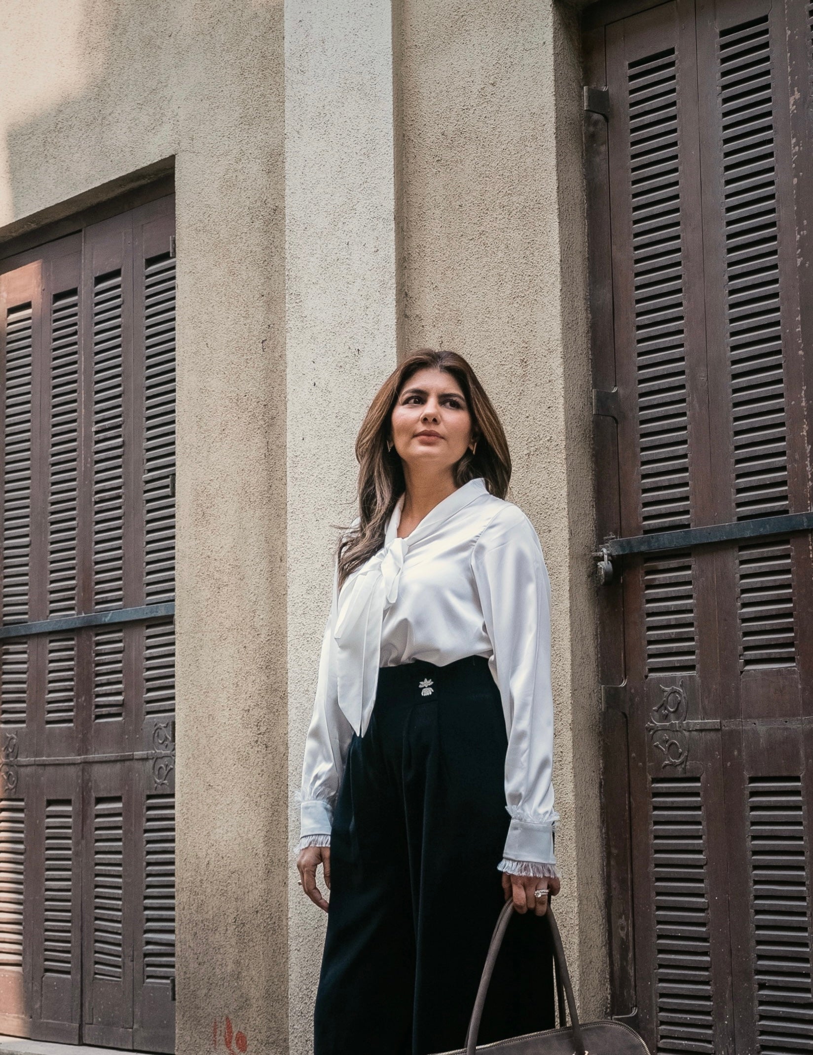 Pearl Bow Satin Shirt for Women