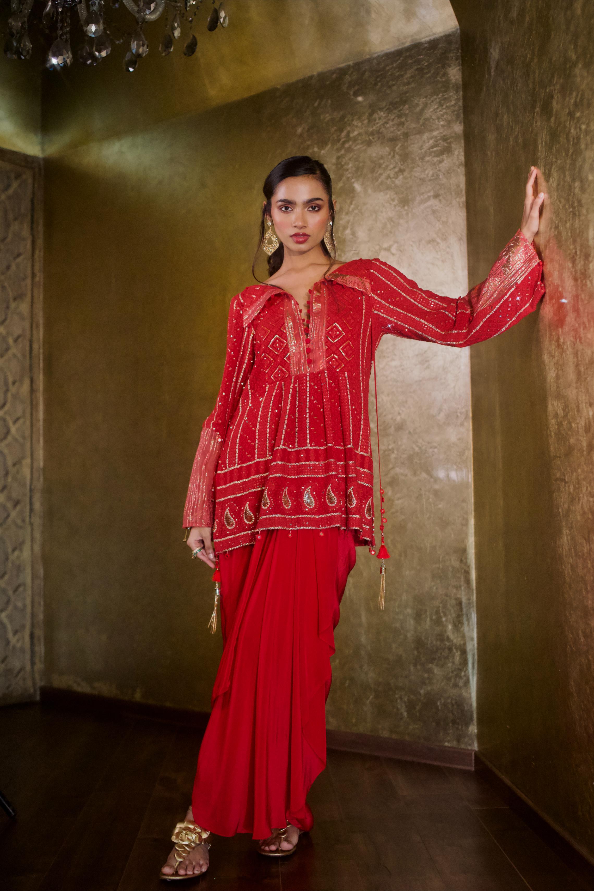 RUBY RED AND GOLD CHIKANKARI KURTI