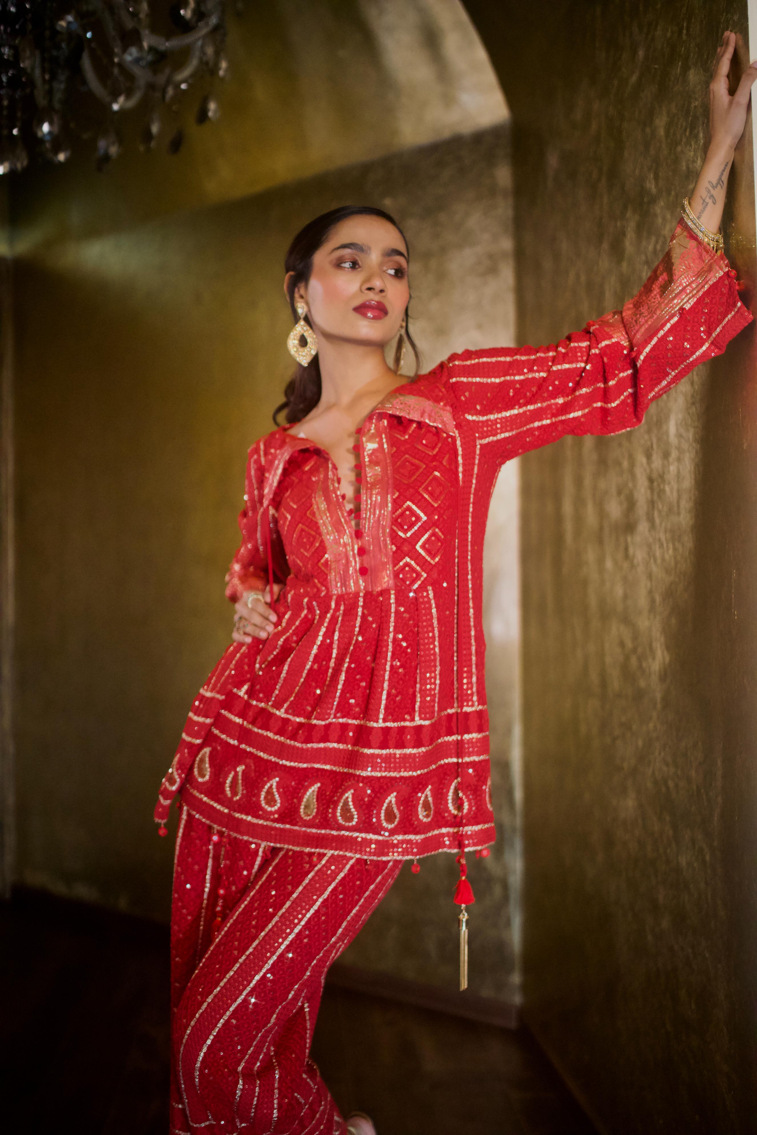RUBY RED AND GOLD CHIKANKARI KURTI