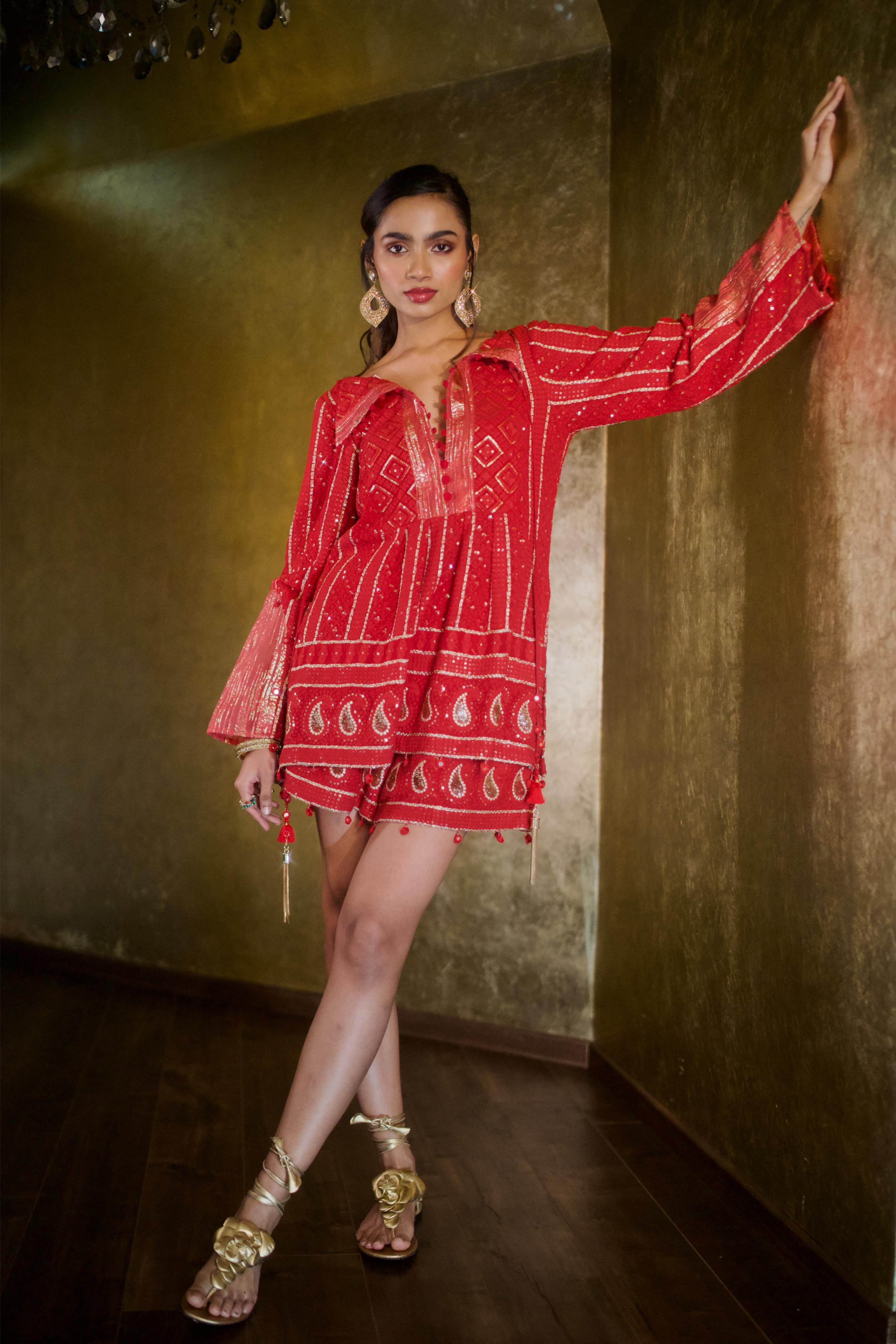 RUBY RED AND GOLD CHIKANKARI SHORTS