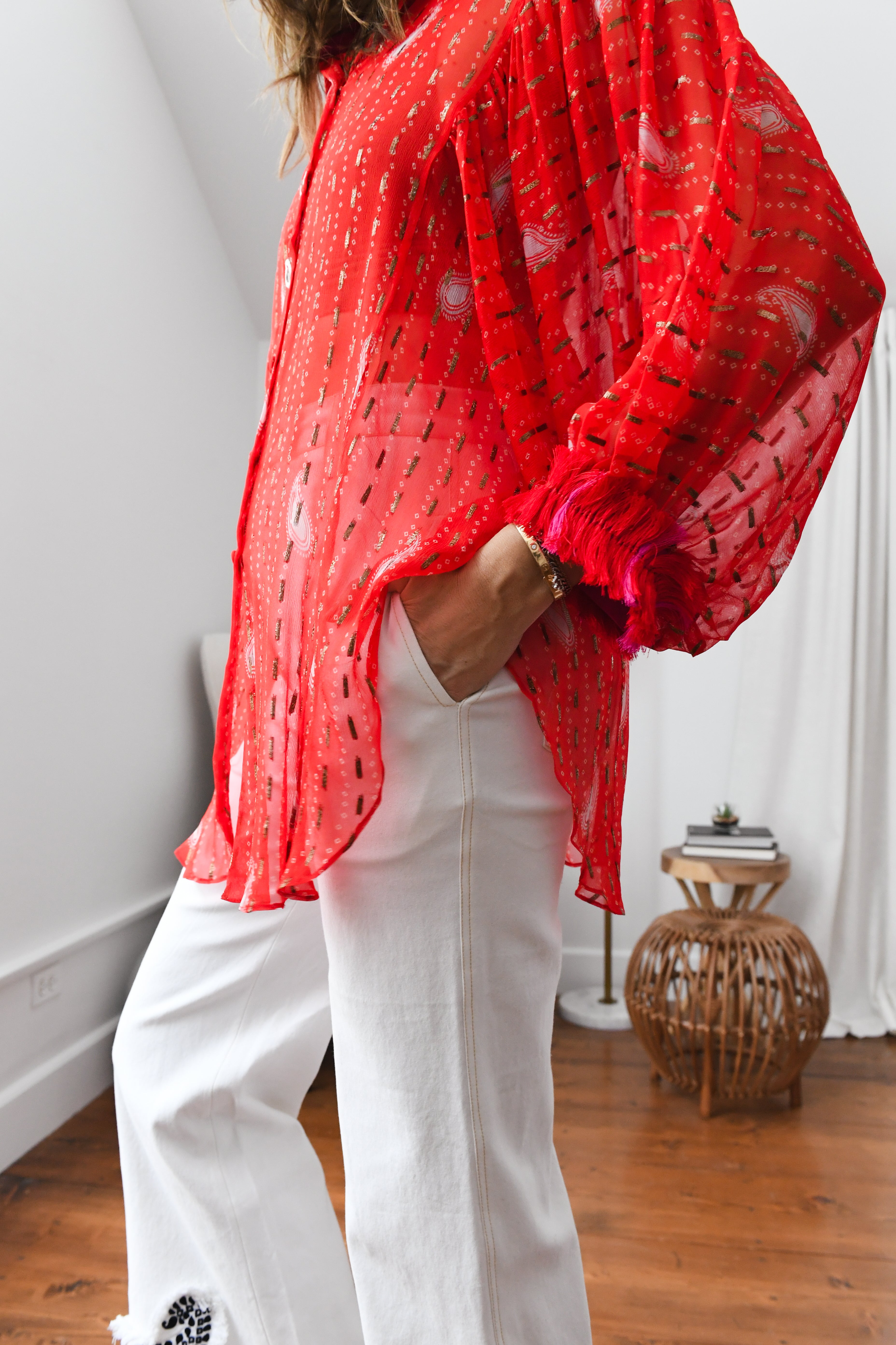 Red Bandhini Kimono Shirt
