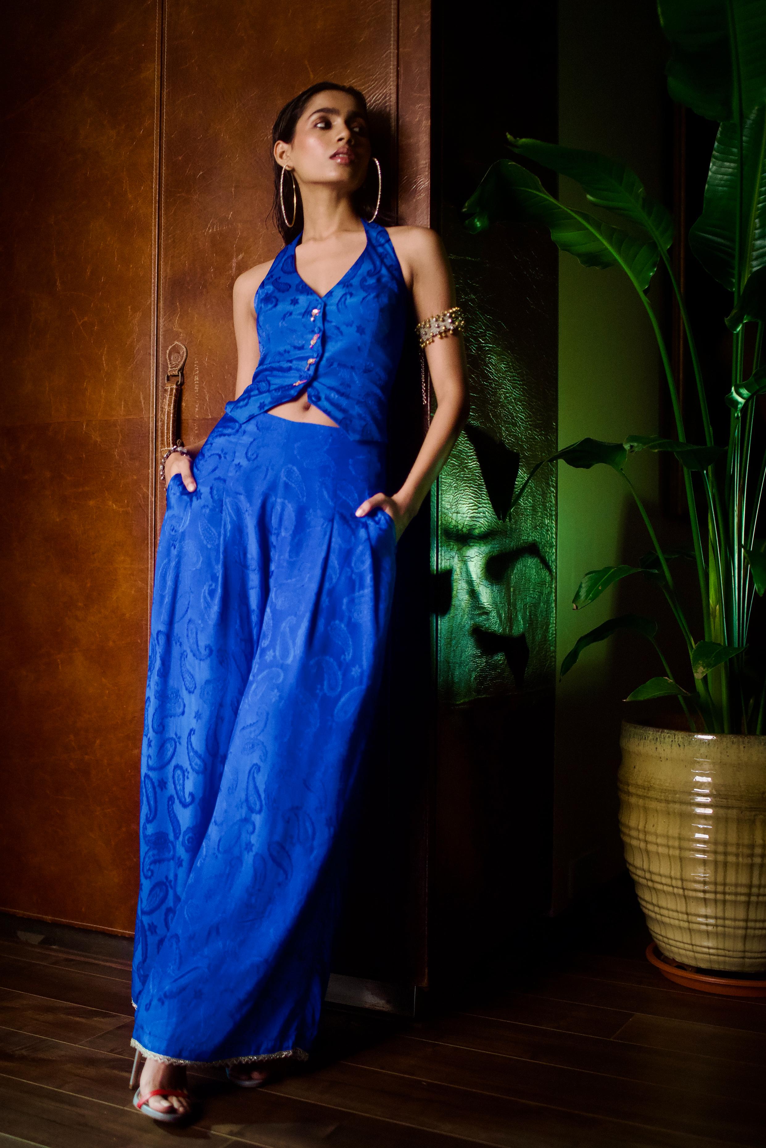 SAPPHIRE BLUE JACQUARD PLEATED PANTS