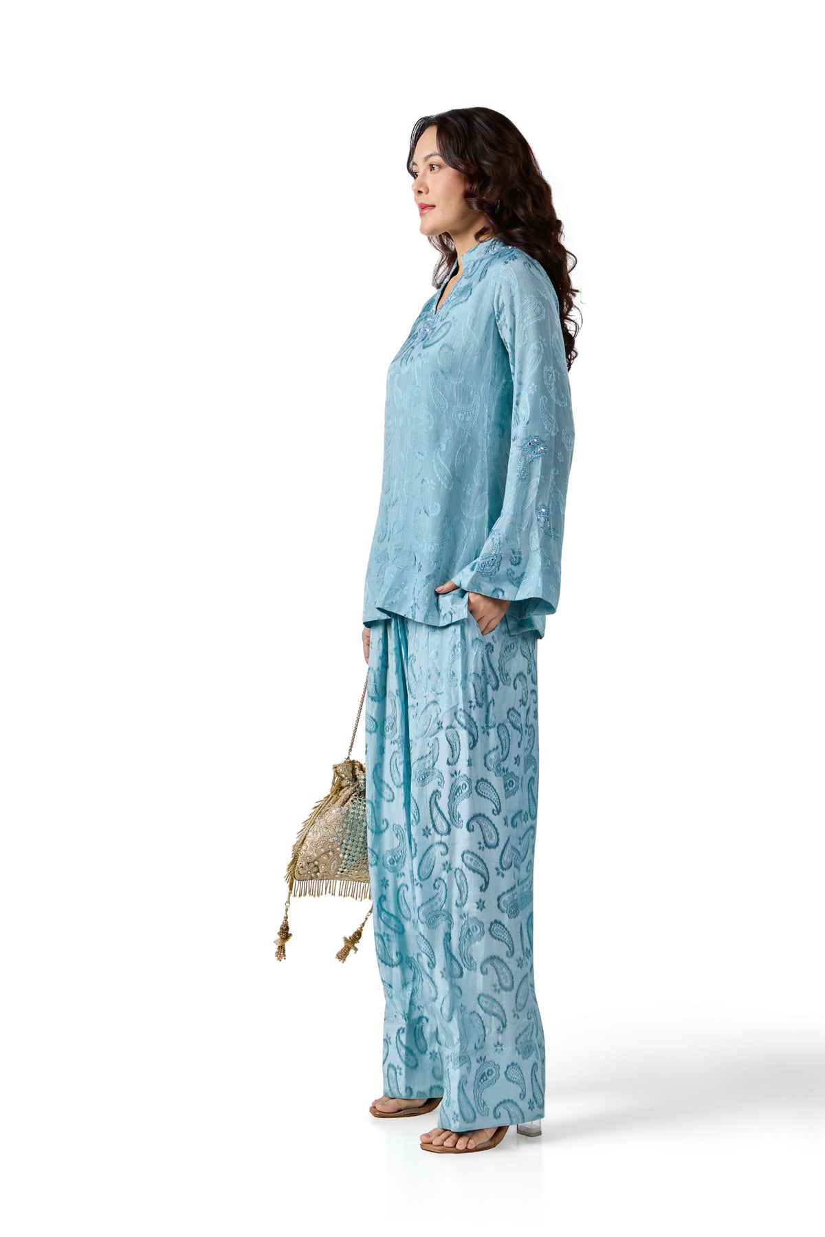 Ice Blue Paisley Tunic with Farsi Pants