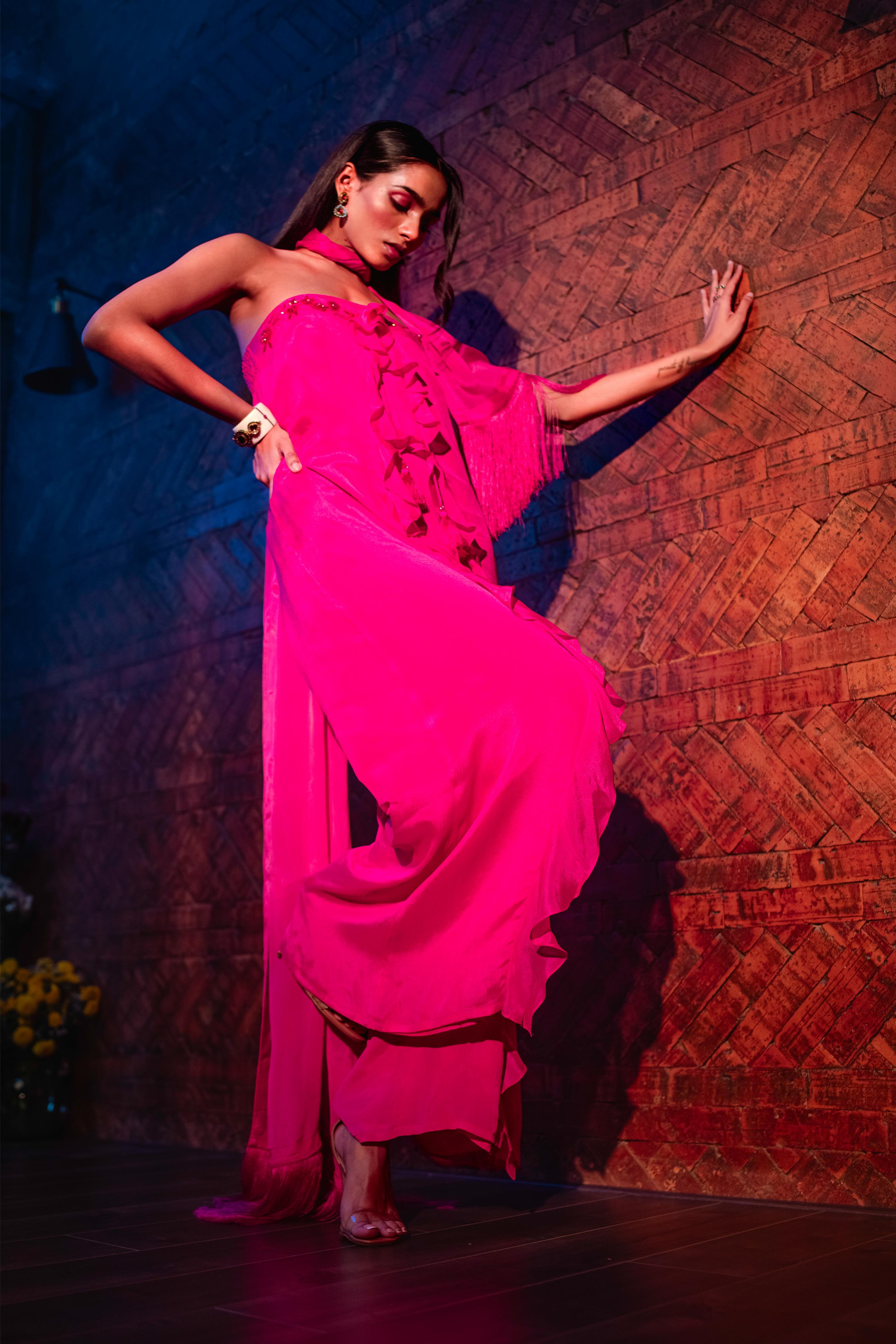 SPINEL PINK TUBE RUFFLE JUMPSUIT WITH DUPATTA