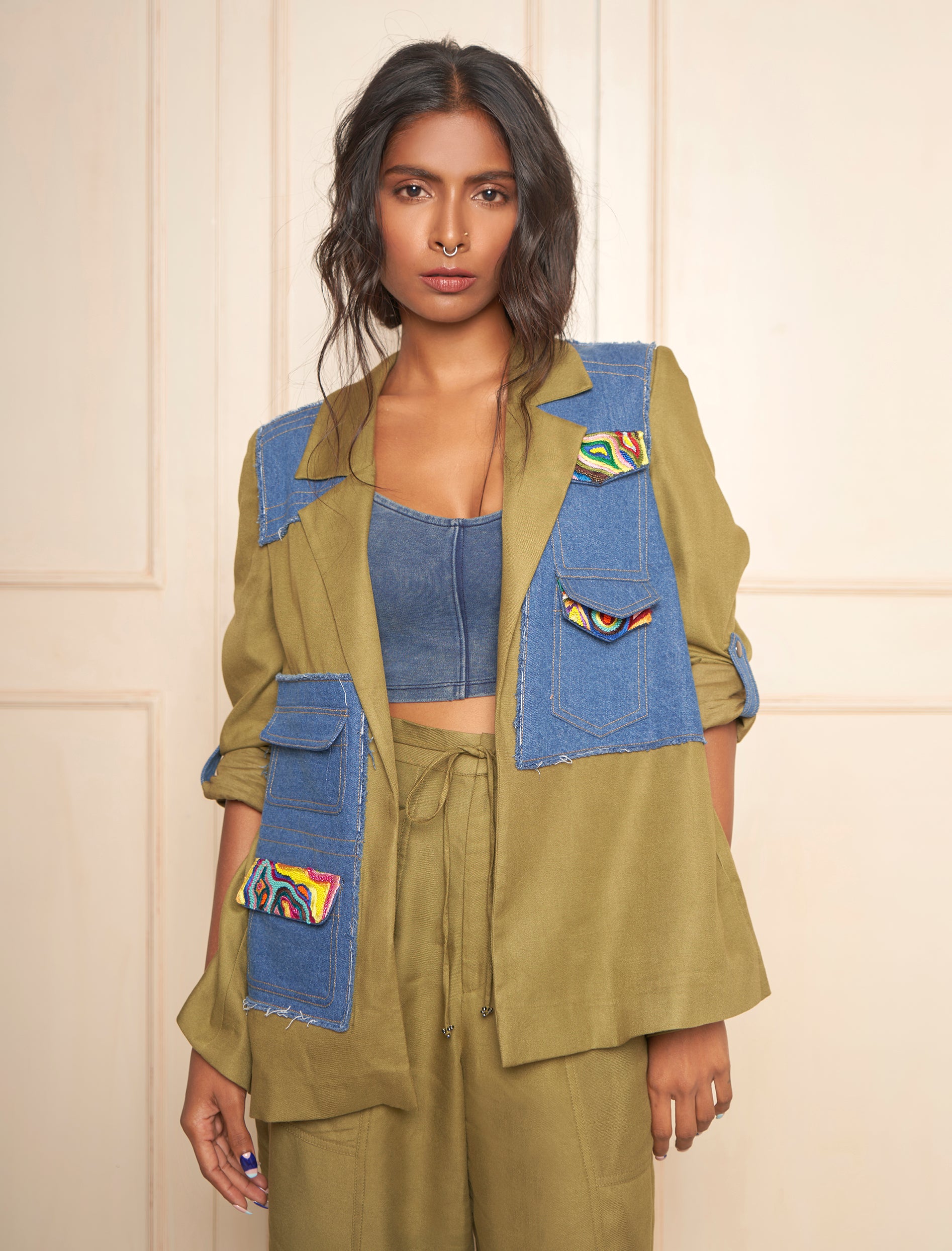Olive Denim Patchwork Jacket