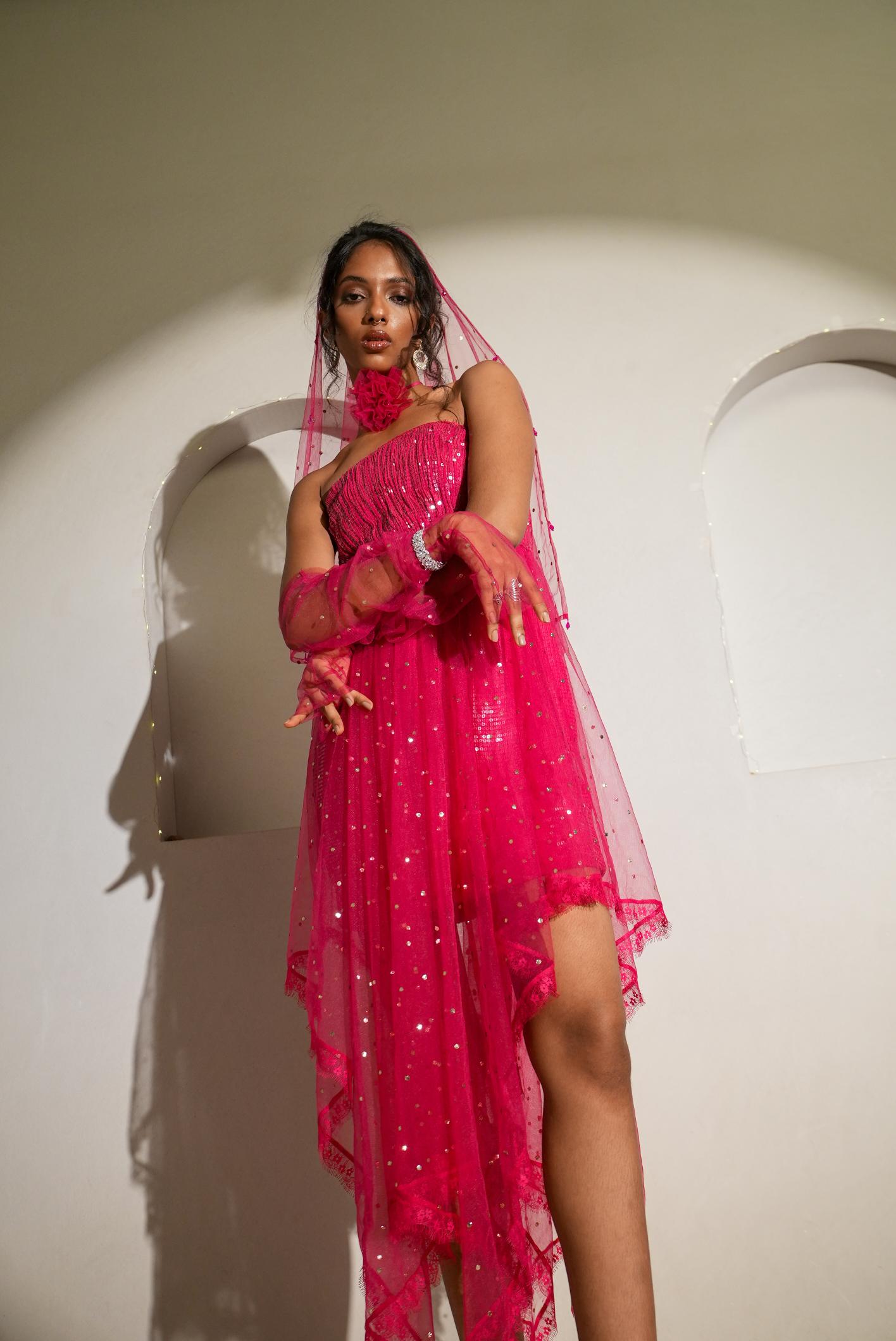 Spinel Pink Mukaish Work Tube Dress