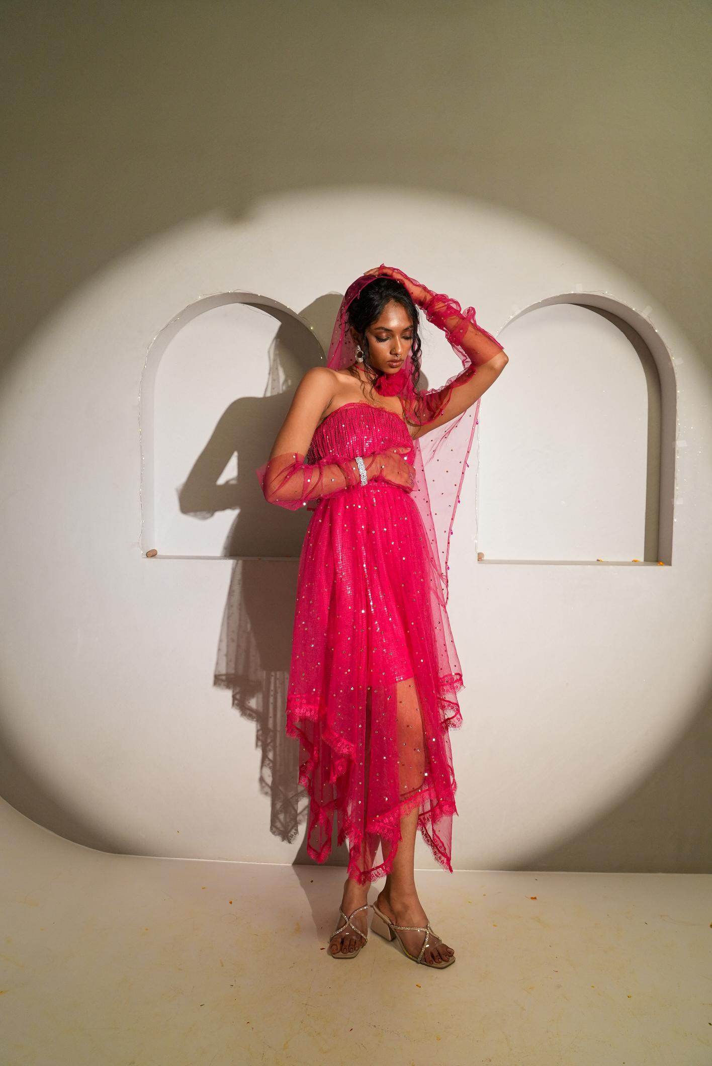 Spinel Pink Mukaish Work Tube Dress