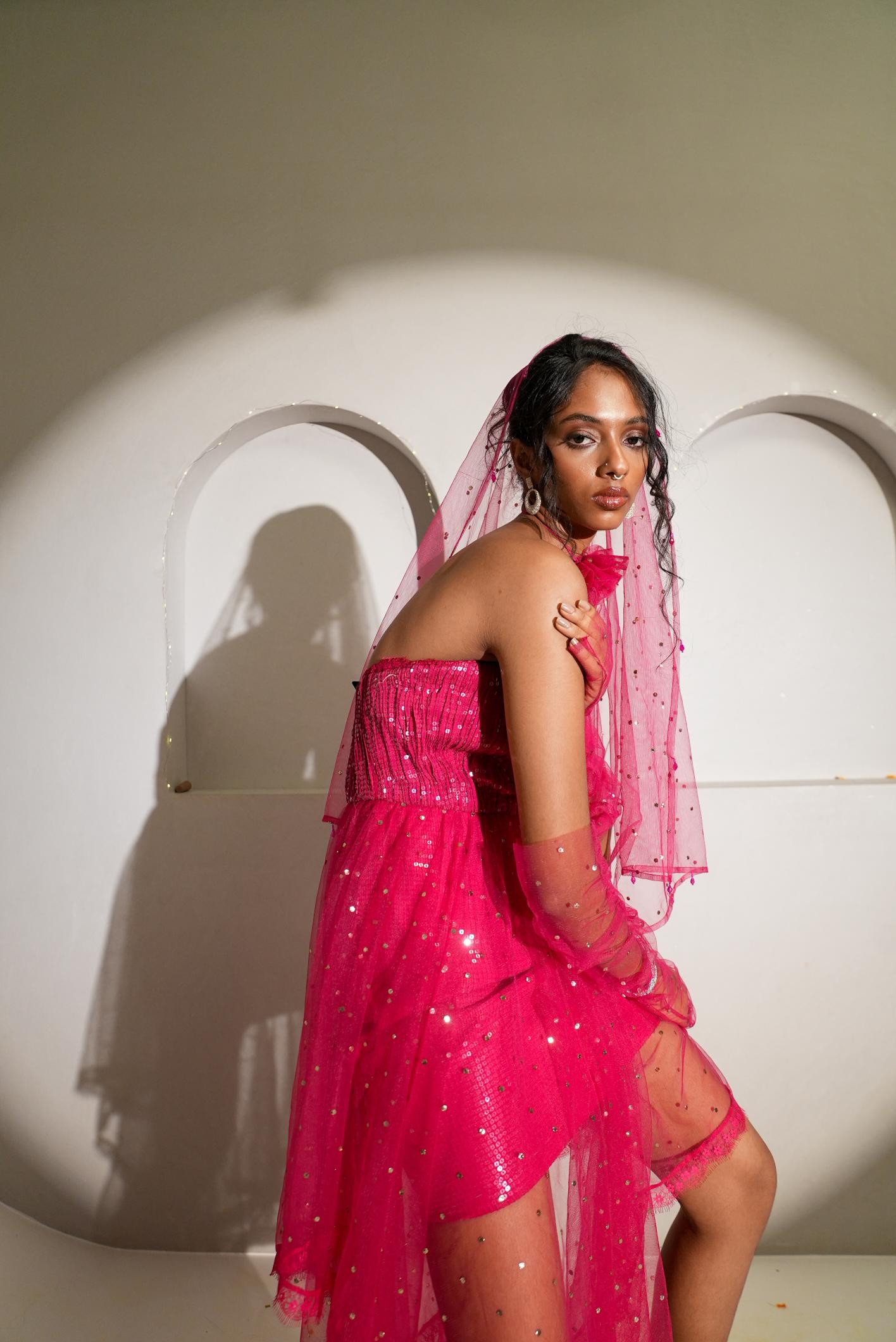 Spinel Pink Mukaish Work Tube Dress