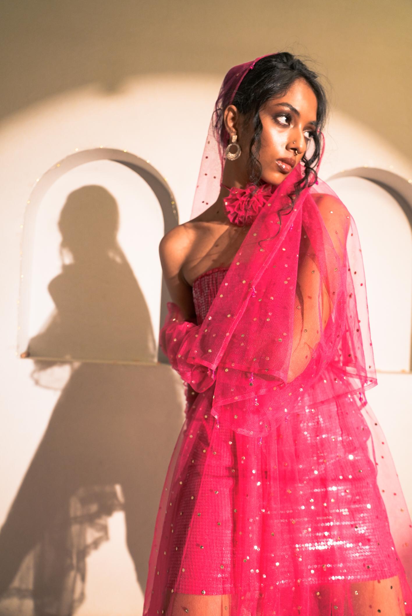 Spinel Pink Mukaish Work Tube Dress