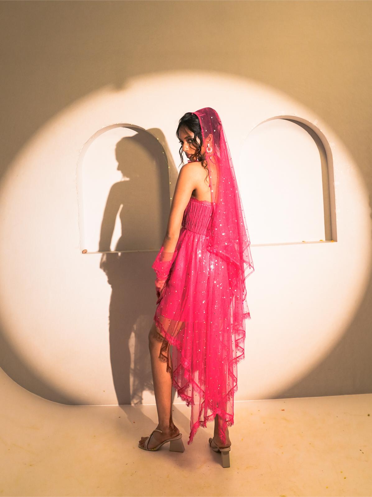 Spinel Pink Mukaish Work Tube Dress