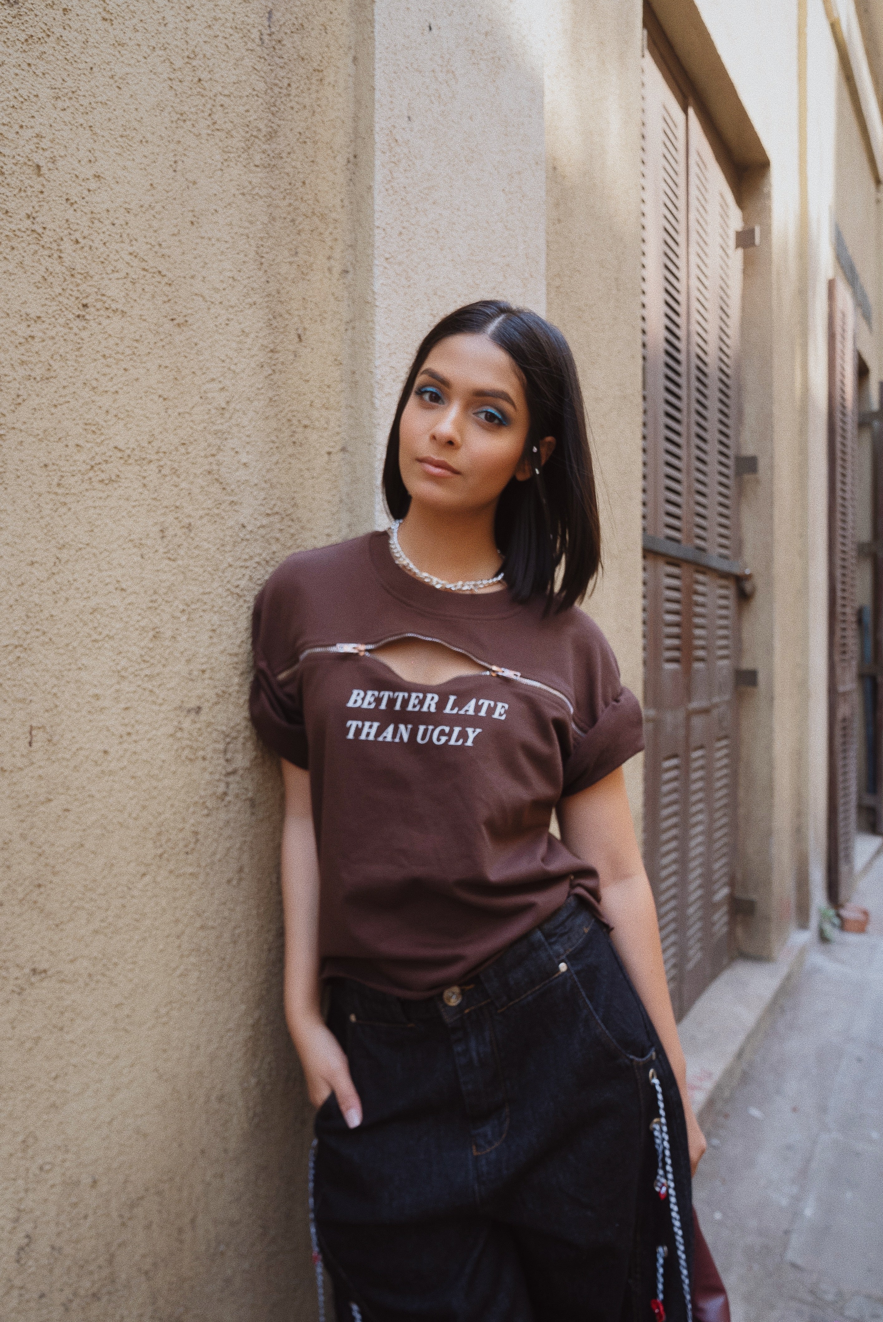 Brown Better Late Than Ugly Zipper Tee