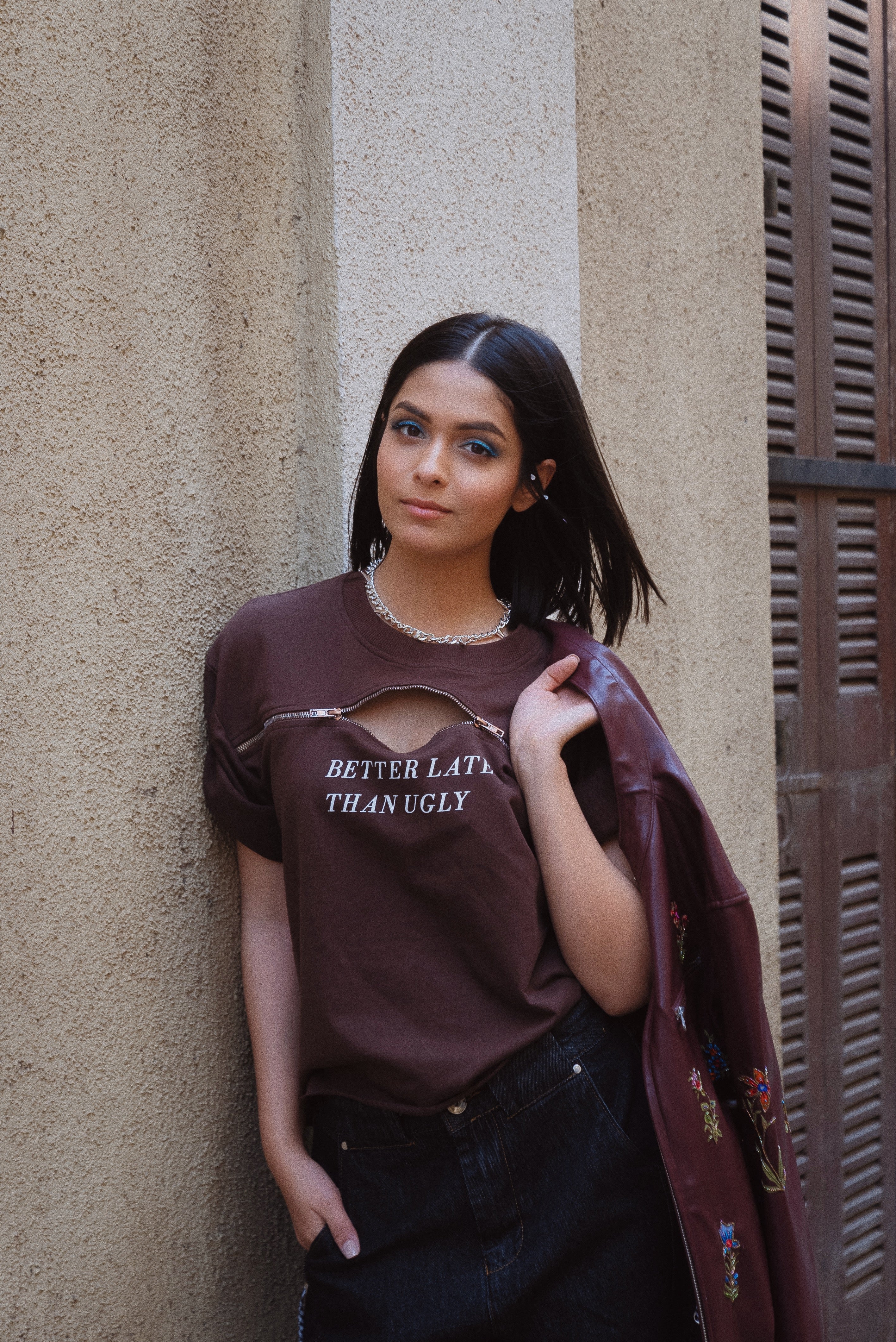 Brown Better Late Than Ugly Zipper Tee