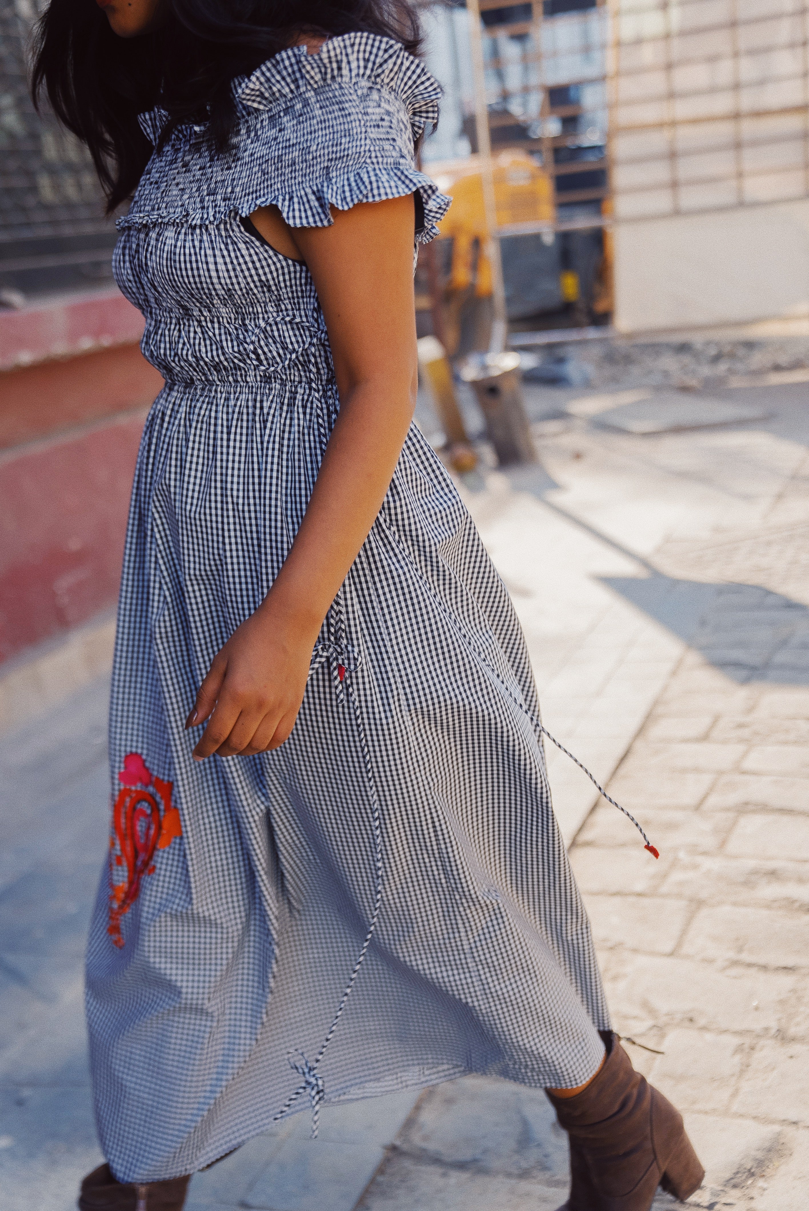 Gingham Smocked Off-Shoulder Midi Dress